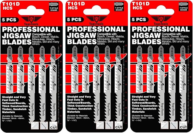 15 x TopsTools T101D Clean and Fast Cuts Jigsaw Blades Compatible with Bosch, Dewalt, Makita, Milwaukee and many more