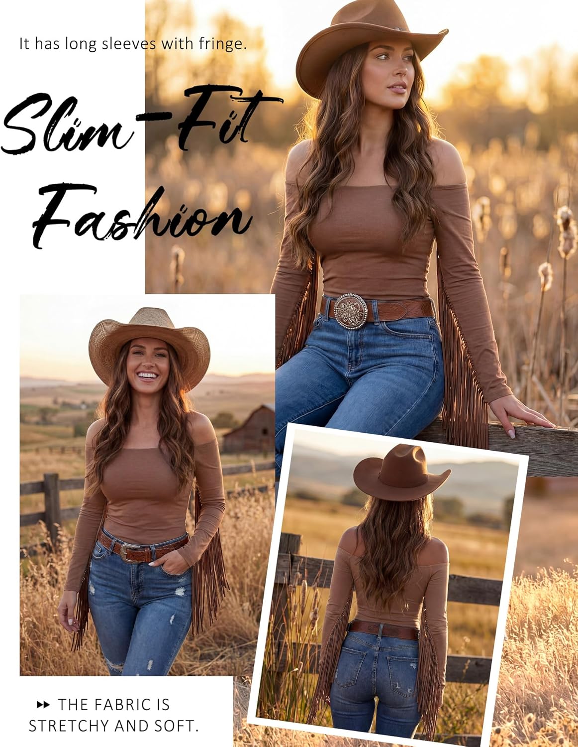 Women Fringe Top Western Off Shoulder Cowgirl Shirt Fitted Long Sleeve Tassels Top Country Concert Festival Outfit - Image 4