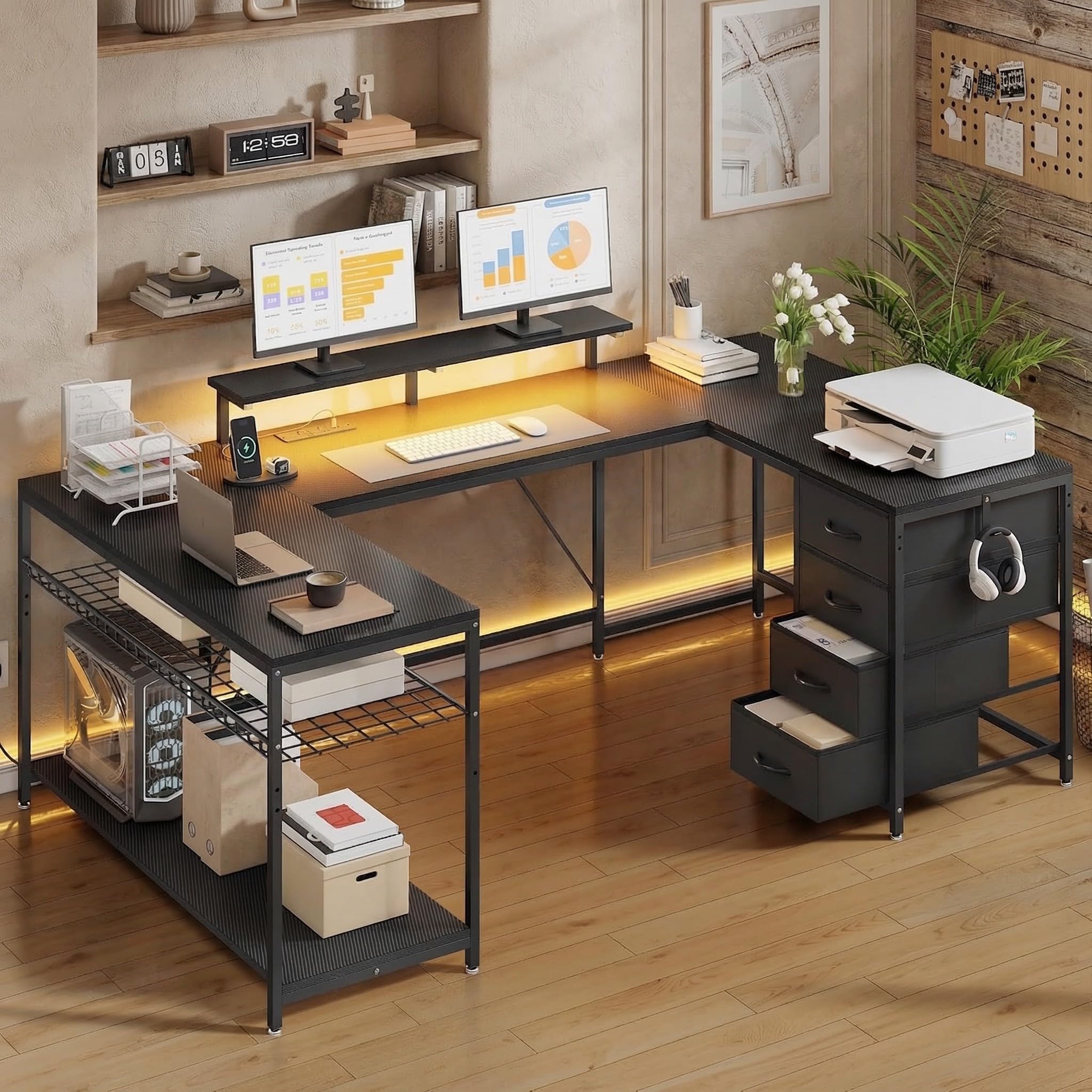 YITAHOME Computer Schreibtisch 158 x 100 cm, Gaming Tisch mit Steckdosen & LED-Lichter, Reversibler Eckschreibtisch mit Regalen, Computertisch schubladen & Stauraumfür Home Office, Schwarz