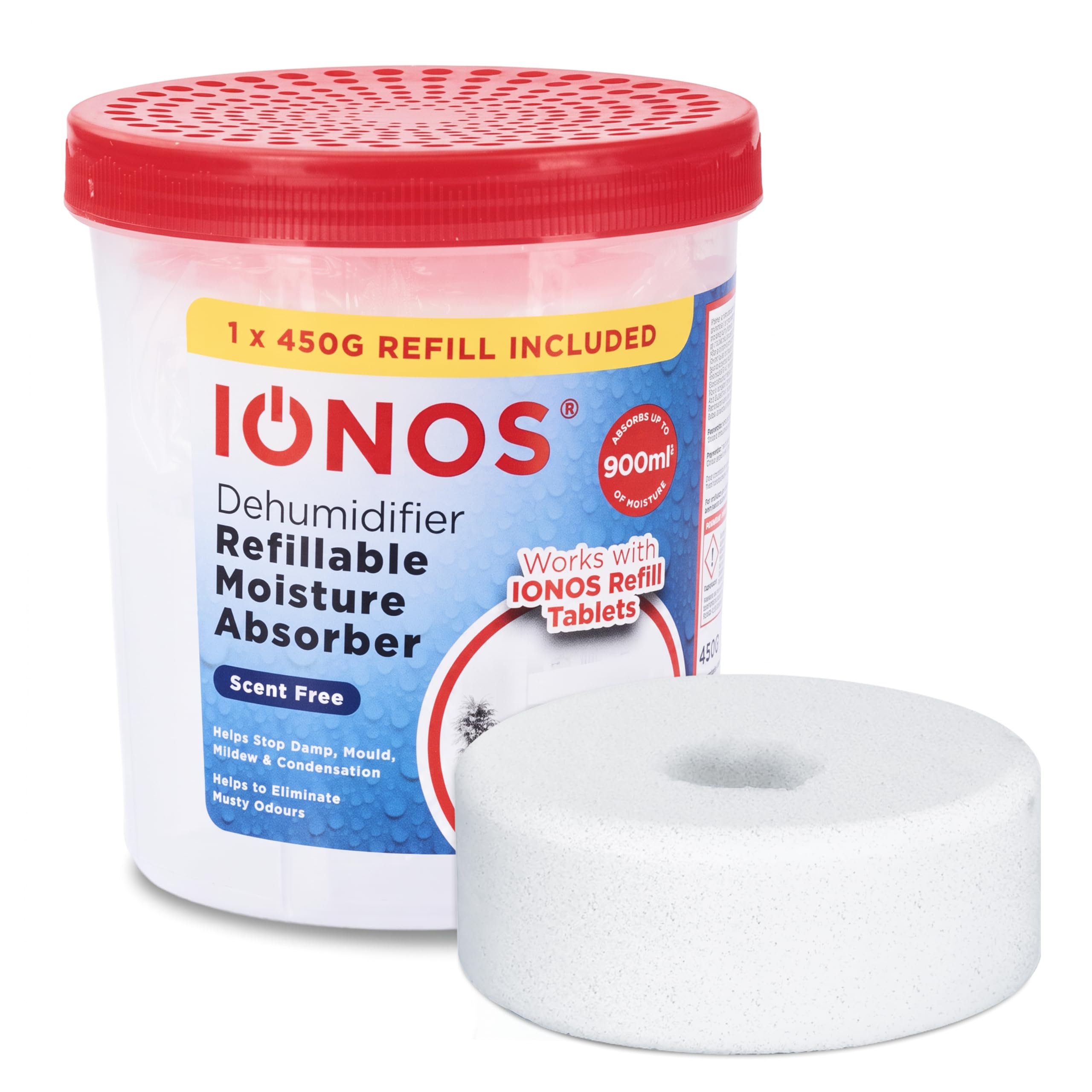 IONOS Dehumidifier, Refillable Moisture Absorber with 450 g Tablet Included – Absorbs up to 900 ml, Works with IONOS Refills, Unscented Damp Trap (IONRDEHUMSF1PB12)