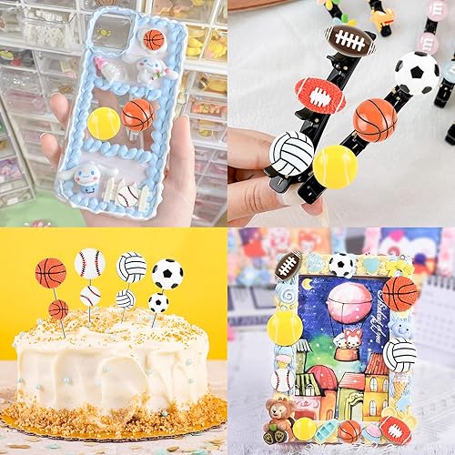 Miniatura 5 de CCOZN 56 bolas deportivas de resina para manualidades, con parte trasera plana, adornos de temática deportiva, fútbol, baloncesto, béisbol,