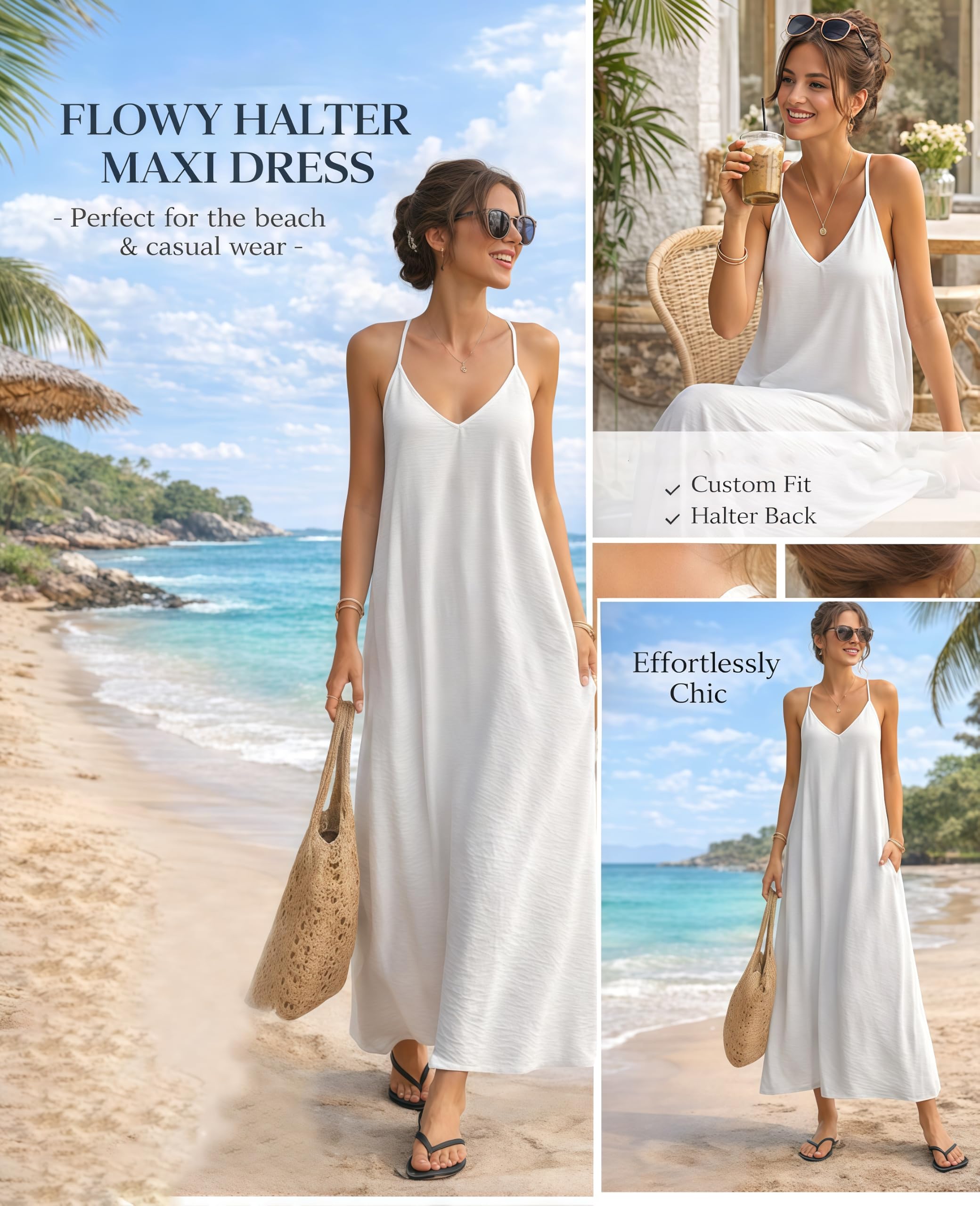 Abiti Lungo Donna Senza Schienale Scollo all'Americana Decorato Perline Stile Boho Svolazzante Estivo Spiaggia Spalline A T Casual Ampio Senza Maniche Vacanze.