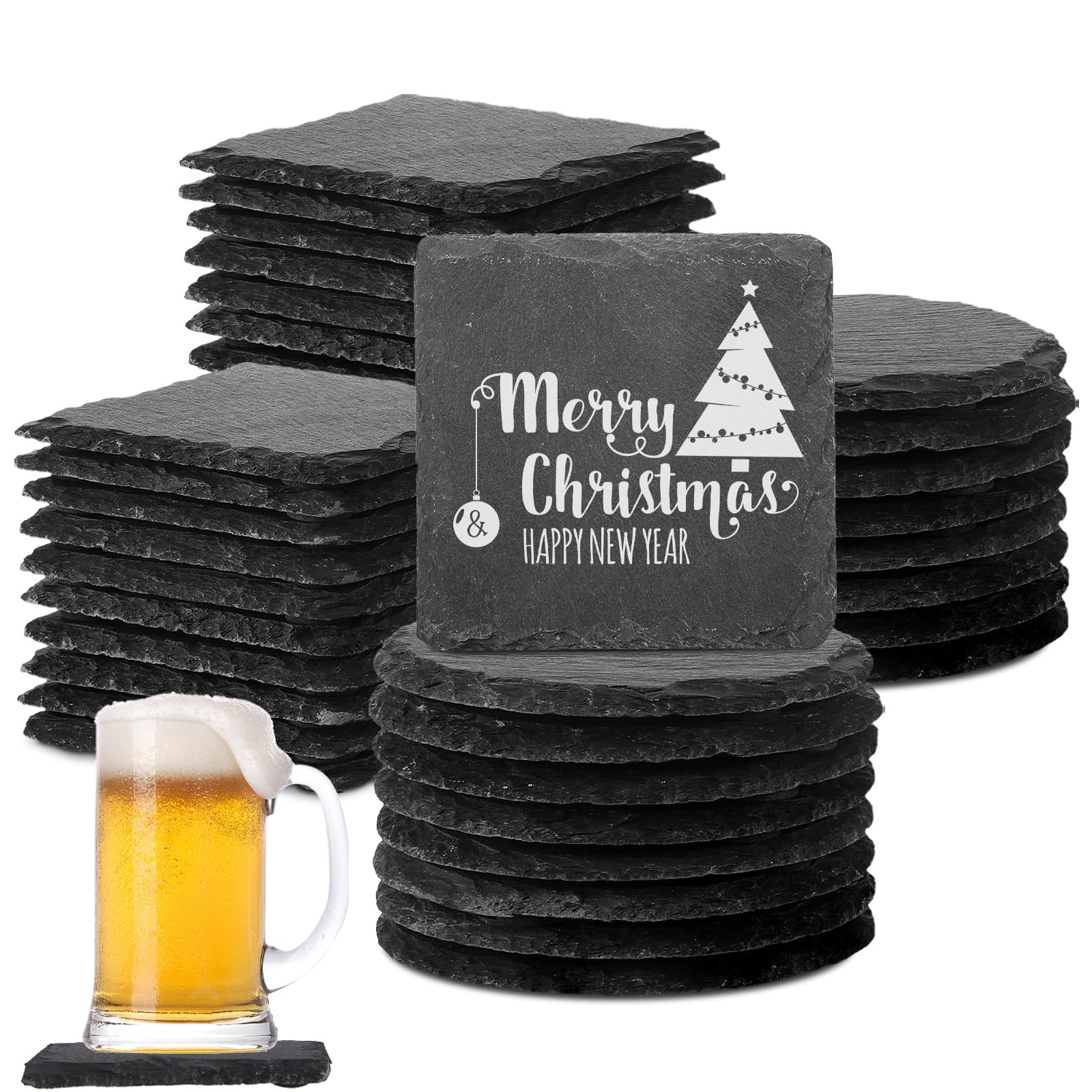 Hoolerry 72 Pcs Slate Coasters Bulk 4 Inch Round Black Drink Coaster Square for Natural Laser Engraving Edge Blanks with Anti Scratch Bottom for Home
