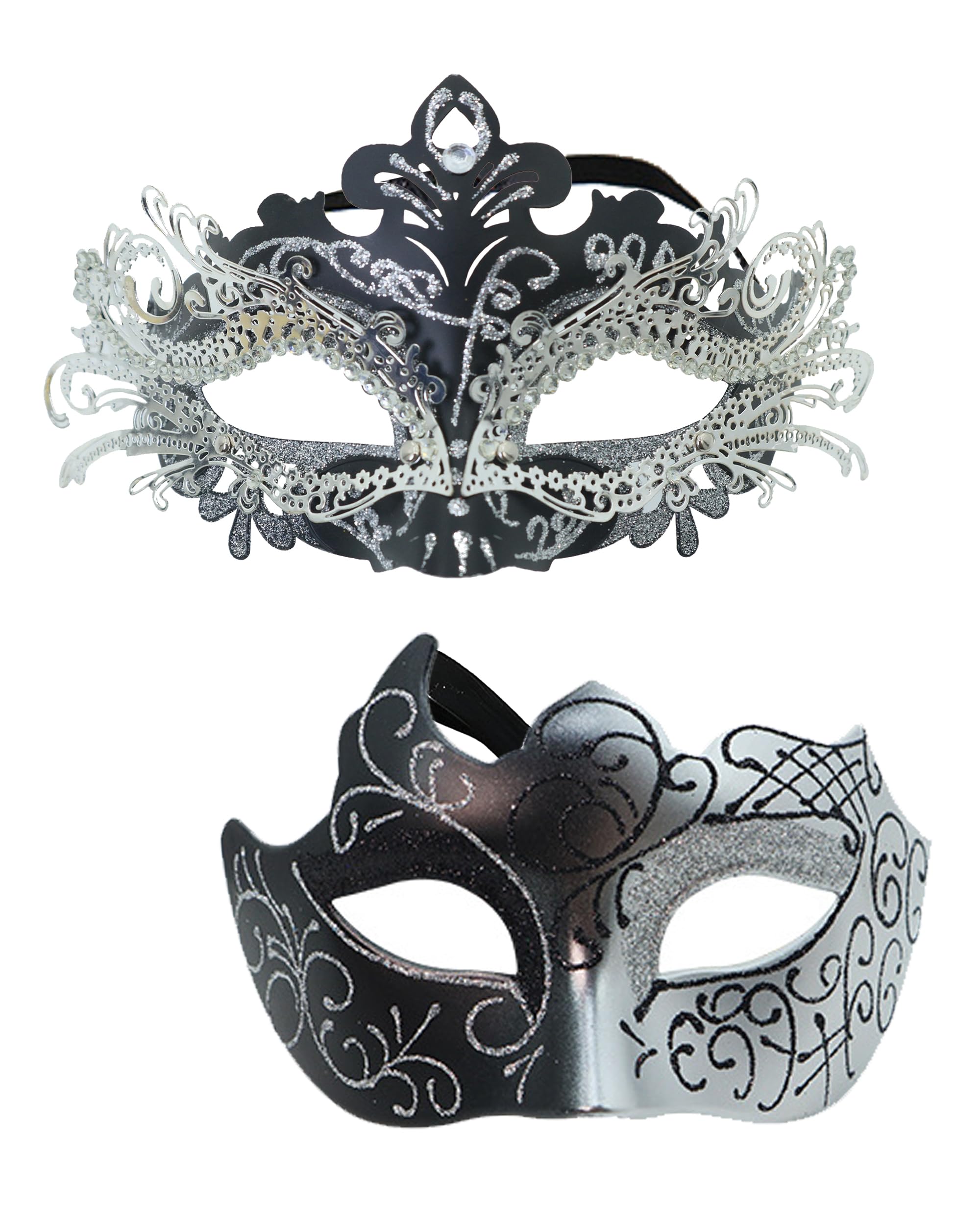 HeHeGe Couple Masquerade Masks with Shiny Rhinestone Venetian Party Mask Halloween Costume Carnival Mask New Year Party Christmas for Couples Women and Men (Silver)