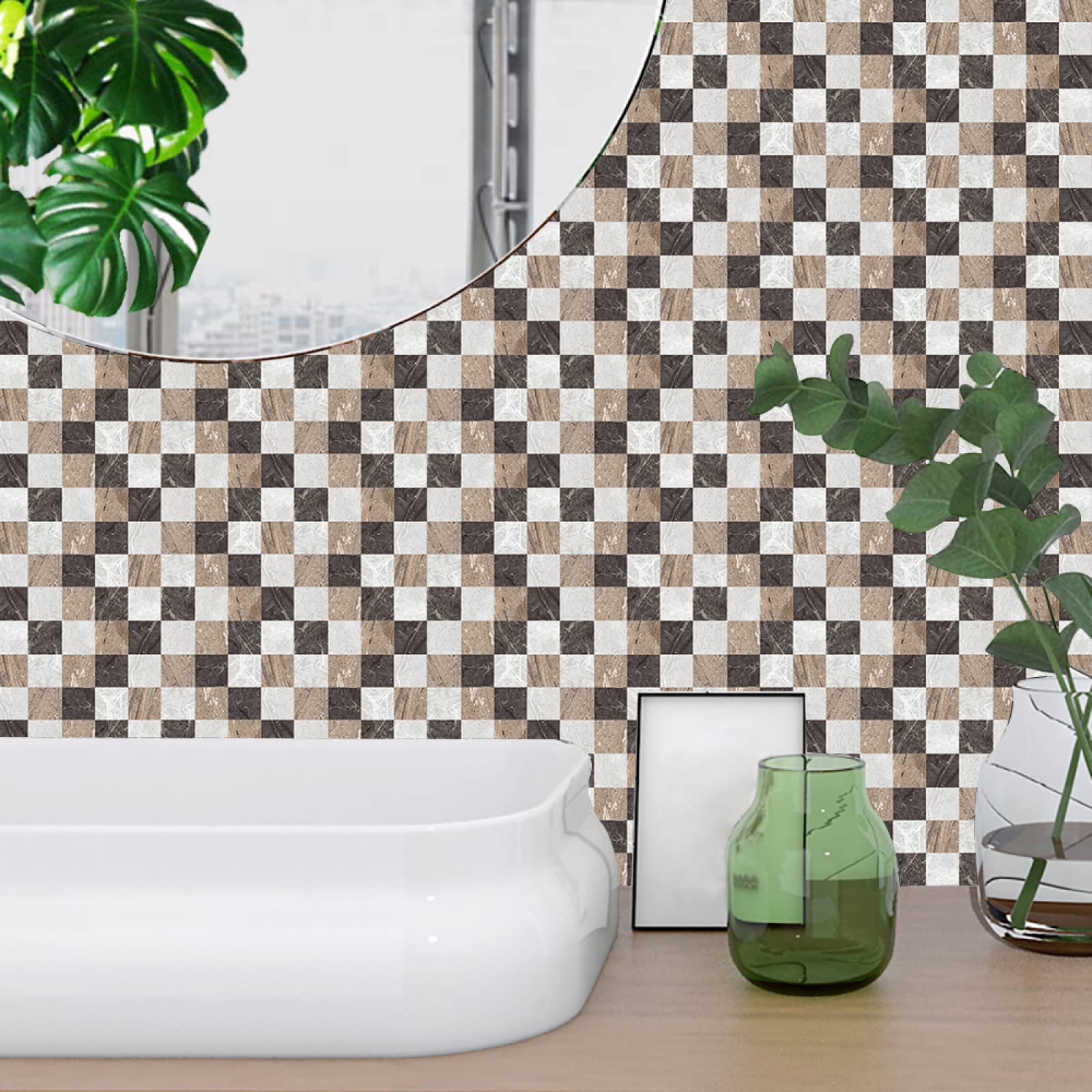 Stick on Tiles Grey Brown Mosaic Tile Stickers for Bathroom Kitchen Backsplash Waterproof Tile Covers for Fireplace Surround Cabinet Furniture Stick on Kitchen Tiles 20x20 cm/10 pcs