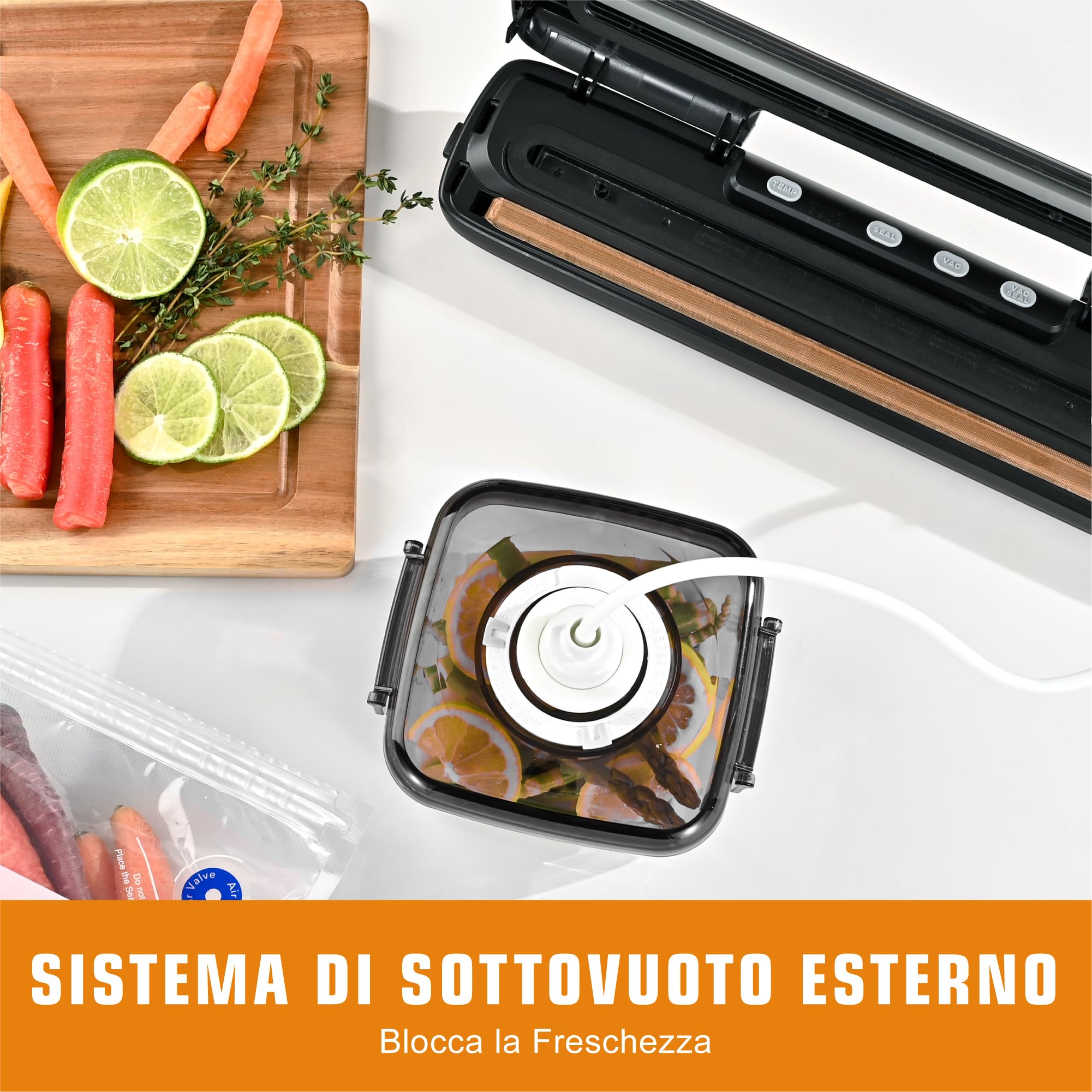 Kitchen in the Box Macchina Sottovuoto Alimenti 5 in 1, Sigillatore Sottovuoto Automatico per Alimenti Secchi e Umidi, Temperatura Regolabile, Sigillatura Veloce da 5mm, 15 Sacchetti e Tubo Inclusi