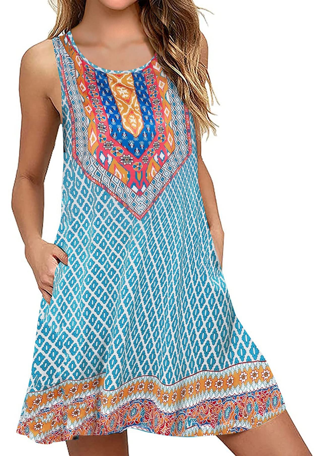 Photo 1 of Akihoo Women Summer Casual Sleeveless Midi Plain Pleated Tank Vest Dresses S-3XL 0-a Boho Blue Red Small