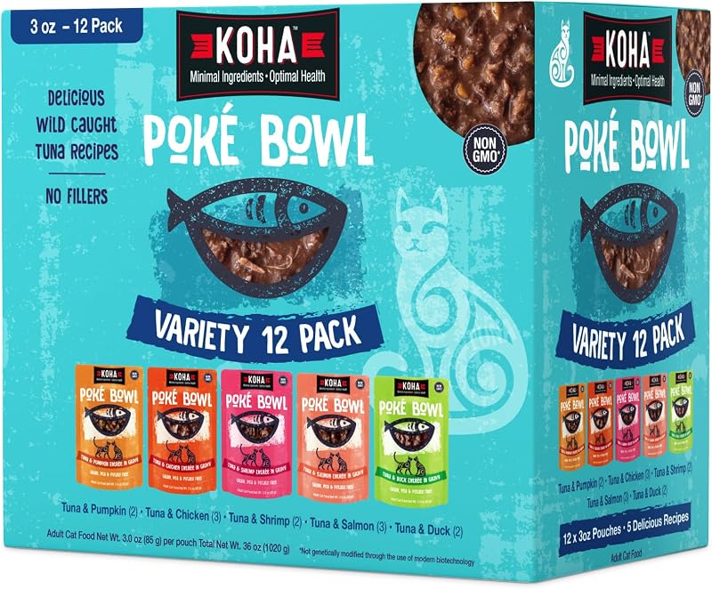 Ração úmida para gatos KOHA Poké Bowl, sabores variados, sachês de aproximadamente 85 g, pacote com 12