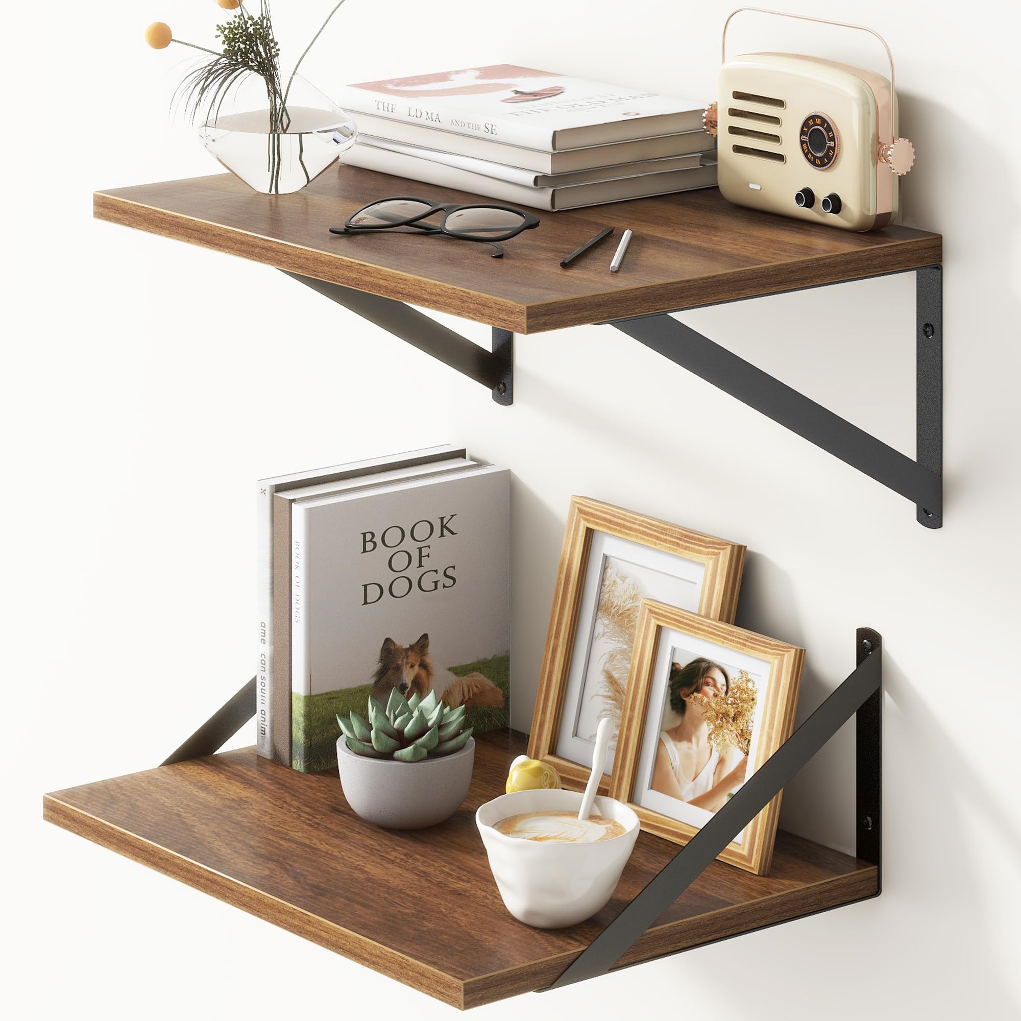 Walnut Floating Shelves Set of 2 - 16"W x 12"D Wide Display Ledges for Bedroom, Bathroom - 12 Deep Bookshelf Wall Mounted