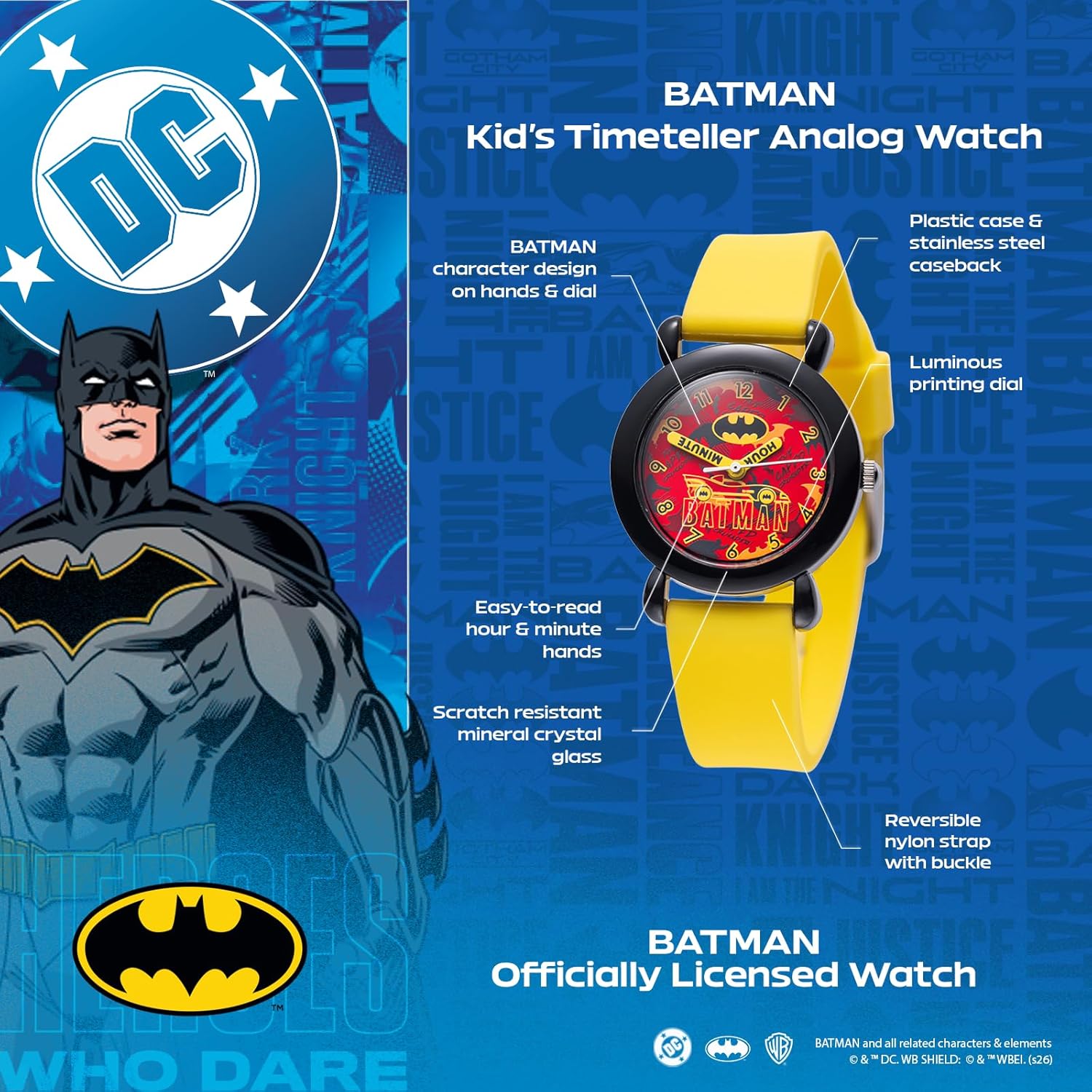 Warner Brothers DC Comics Batman Watch for Kids Ages 4–7 – Featuring Luminous Character Dial, Easy-Read Hour & Minute Hands – Batman and Robin Toys – Watches for Toddlers
