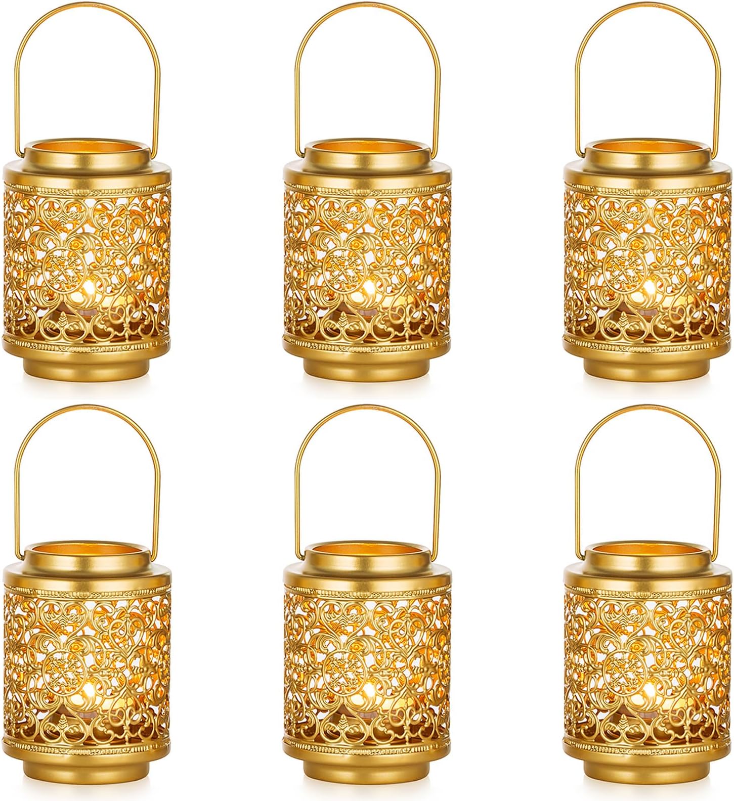 NUPTIO Gold Candle Lanterns Decorative: 6 Pcs Hanging Metal Tealight Candles Holder 10.5cm Brass Mini Tea Light Lantern Centerpiece for Weddings Bridal Shower Anniversary Table Decor (Style 3)