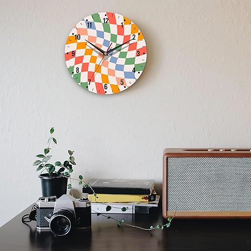 Miniatura 7 de SPUNKER Reloj para dormitorio, colorido reloj de pared a cuadros que funciona con pilas, 10 pulgadas, reloj redondo retro ondulado, silencioso y sin