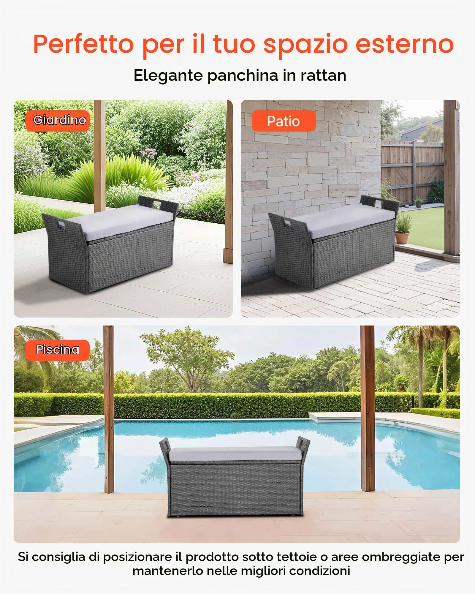 VEVOR Panca Portaoggetti da Esterno, Panca Portaoggetti in Rattan PE per 2 Persone, Contenitore Intrecciato con Cuscino Maniglia Laterale, Supporto Max 180kg, Seduta da Giardino Decorazione Balcone