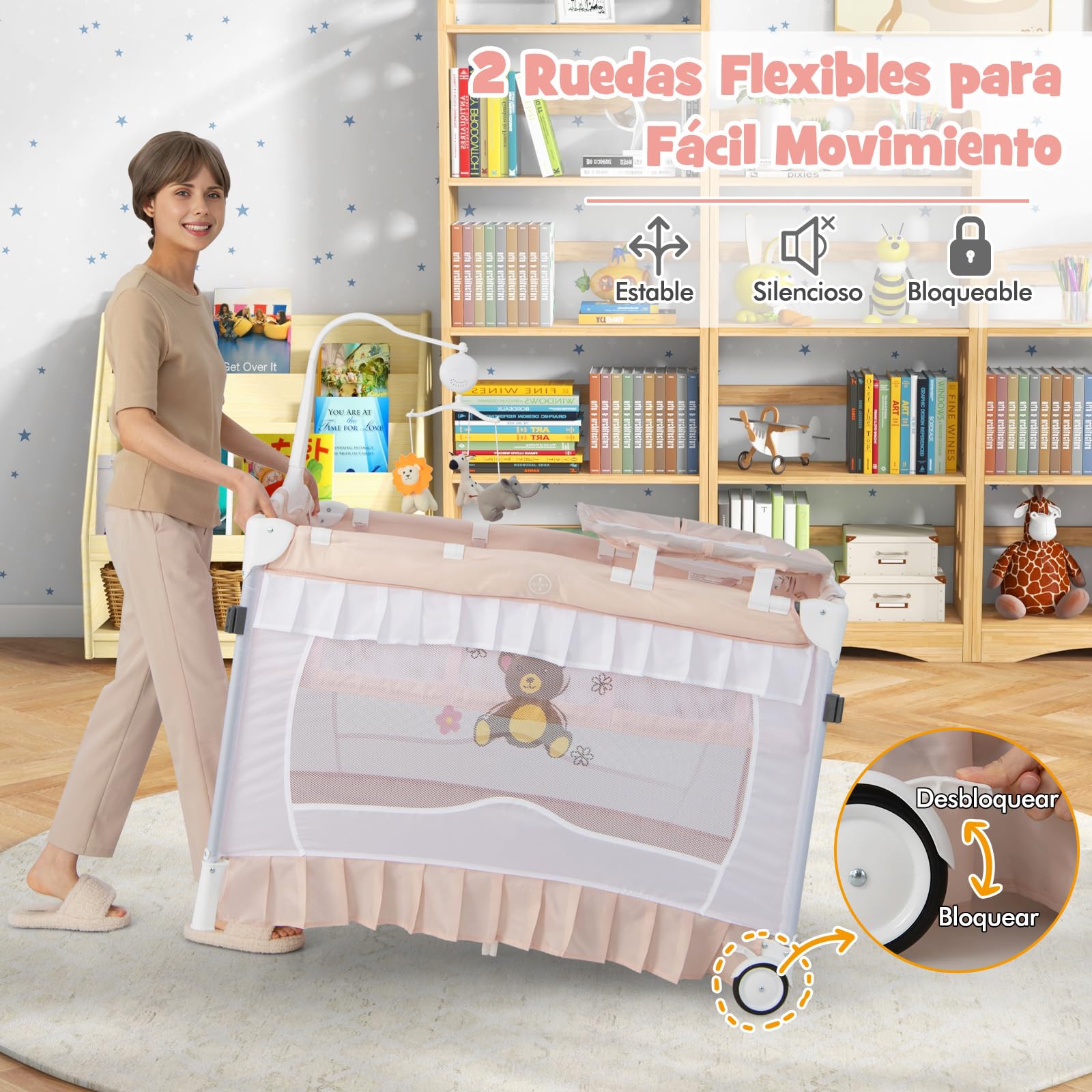COSTWAY 4 en 1 Cuna Portátil, Moisés Convertible con Cambiador Desmontable, Cama Cuna Plegable con Red Desmontable y Ruedas Bloqueables, Caja de Música y Juguetes Giratorios,Bolsa de Transporte (Rosa)
