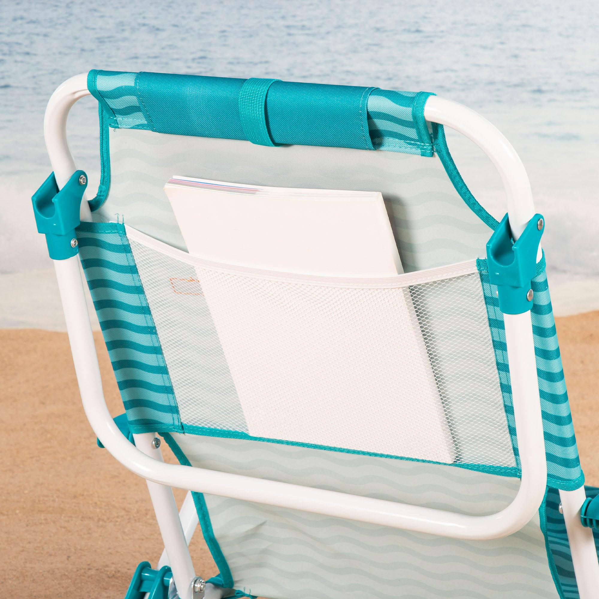 AKTIVE Silla de playa plegable, Azul, 48x58x76 cm, 4 posiciones, Antivuelco, Aluminio y poliéster, Peso soportado 110 kg, Bolsillo lateral y trasero, Cojín, Transporte mochila (62530)