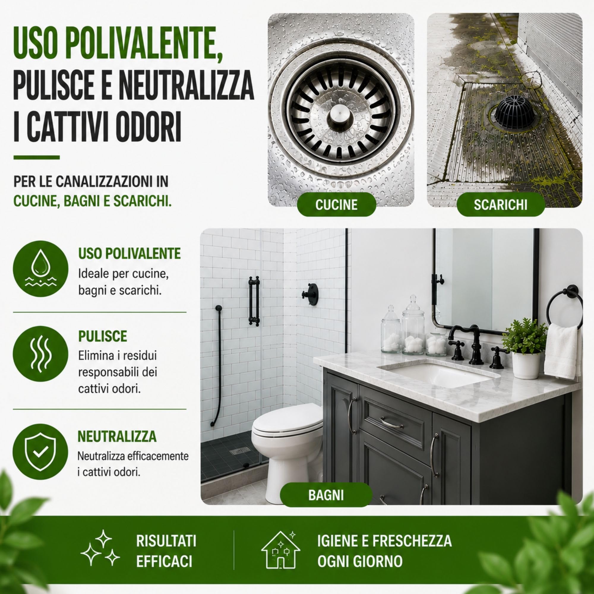 Eliminatore di Odori per Scarichi | Trattamento Biologico per Fogne, WC, Fosse Setticche | Neutralizzatore di Odori per Lavandini e Bagni | Rimuove Cattivi Odori da Tubi