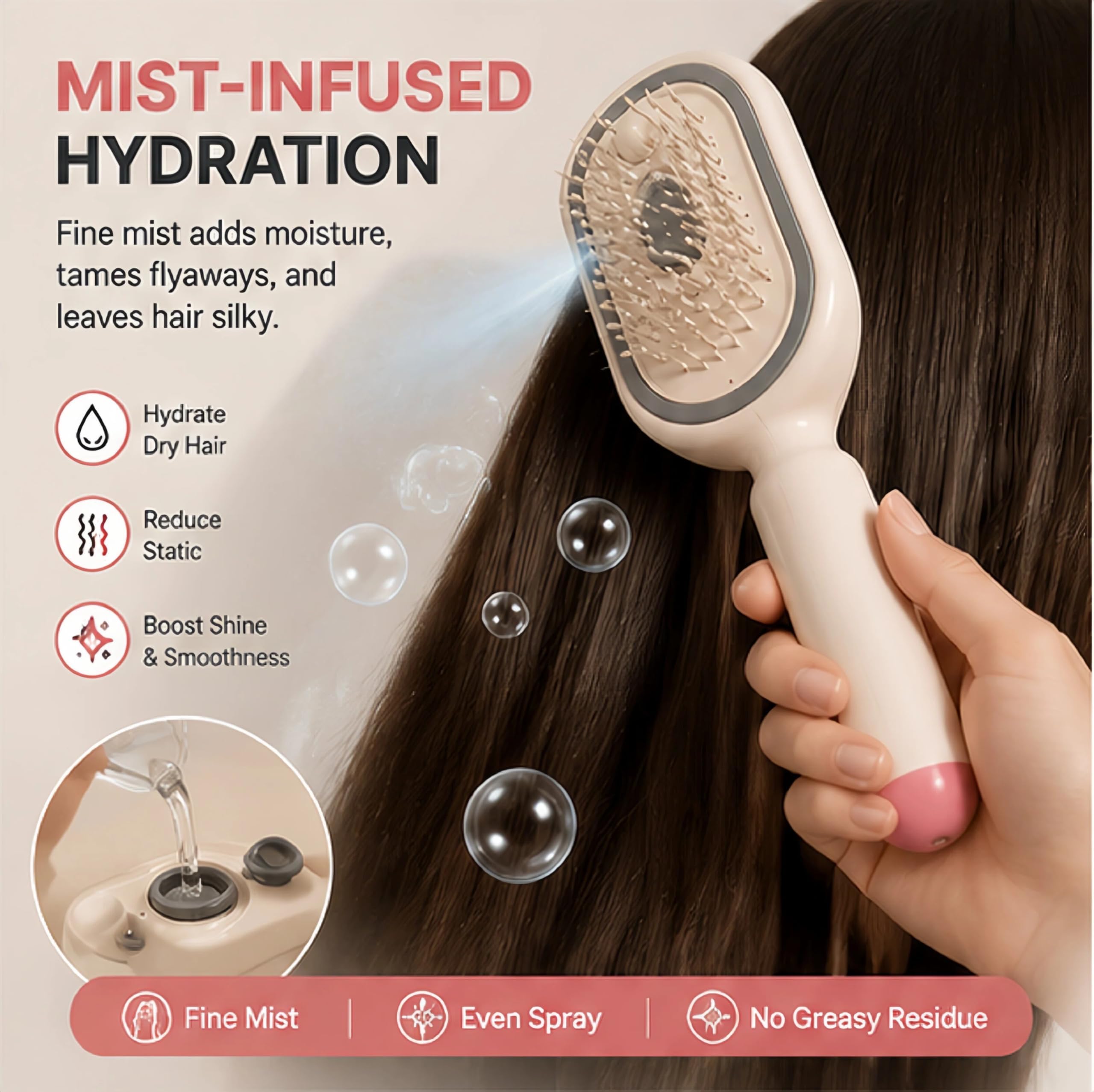 Peigne Electrique,Brosse à Vapeur éLectrique Fer à Lisser à Vapeur Rechargeable Avec Spray Peigne DéMêLant Antistatique Massage à Coussin D'Air Outil de Coiffure Portable Sans Fil，Rose
