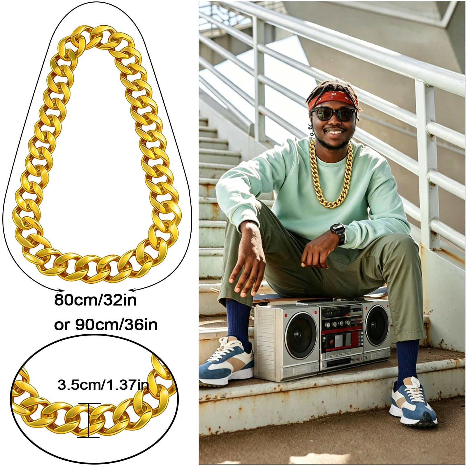 Confezione da 12 catene in plastica spessa per uomo, stile hip hop, 80/90, per costumi rapper, hip hop, per cosplay, Halloween, punk, 81,3 cm/91,4 cm