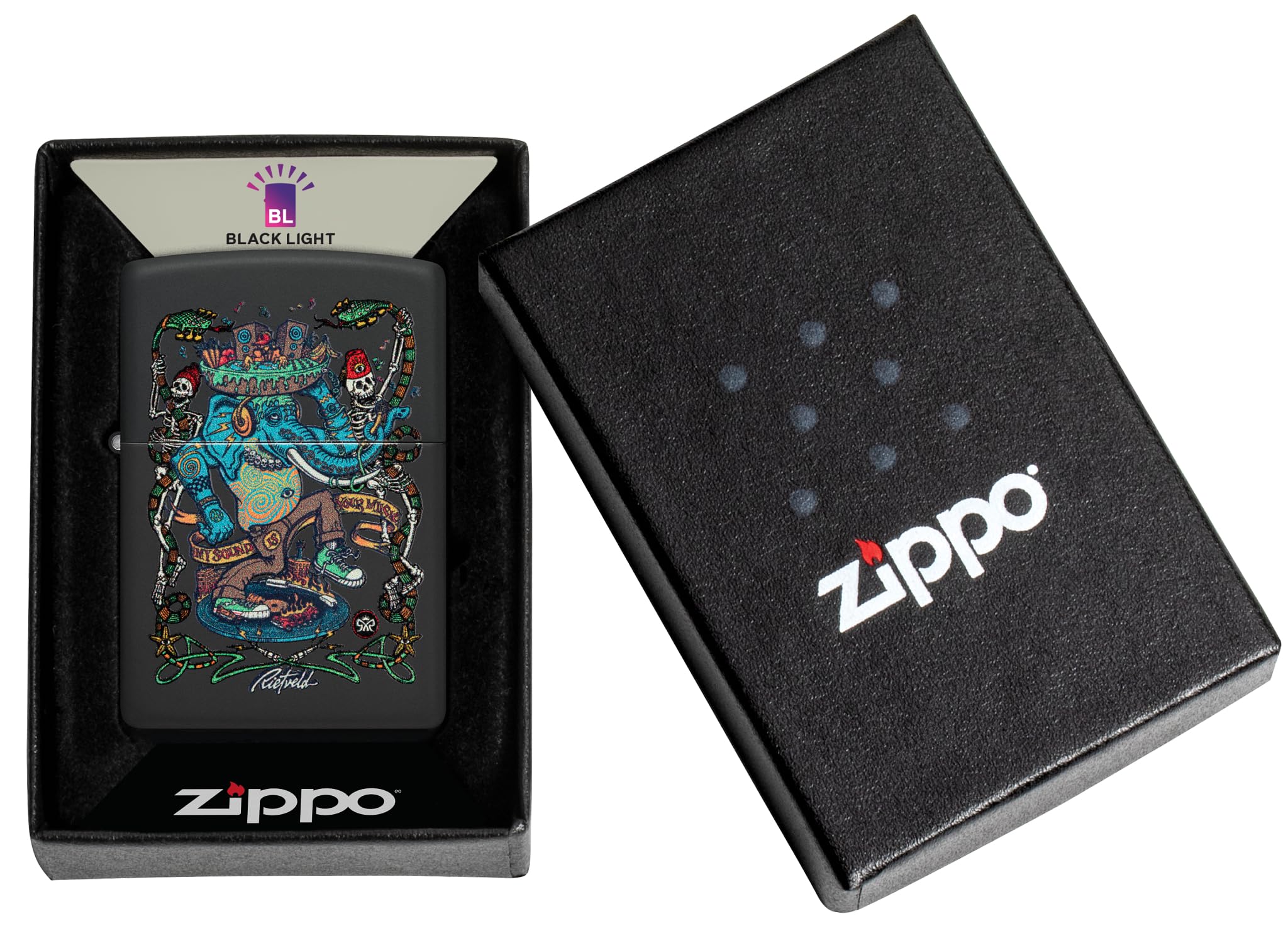 Zippo Rick Rietveld Zapalniczka Sztormowa, Nadruk Uv, do Napełniania, Wielokrotnego Użytku, Wiatroodporna Konstrukcja, Pudełko na Prezent, Wykonano w USA, Kolor Czarny Matowy