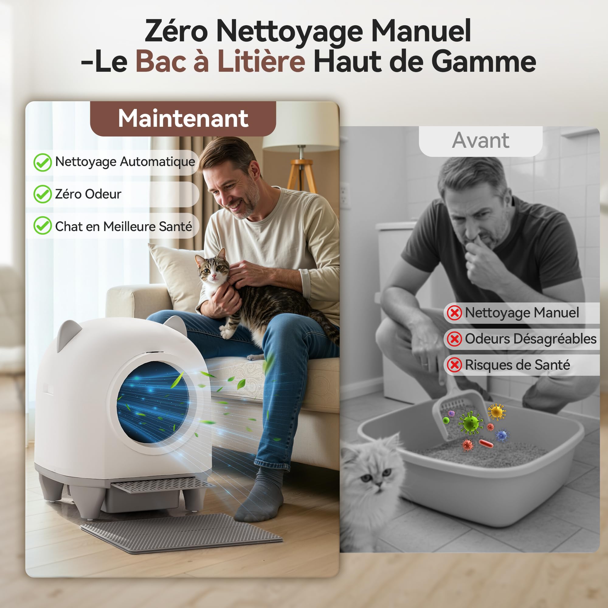 Devoko Litiere Chat Autonettoyante Automatique, Bac Litiere pour Chat XXL 90L, Design en Forme d'oreilles de Chat, Système de Sécurité à Six Niveaux, avec Fonction Désodorisante, Compatible avec APP