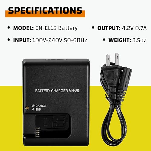 Miniatura 2 de Cargador de batería MH-25 MH-25a para Nikon: EN-EL15 EN-EL15a EN-EL15b EN-EL15c EP-5B D500 D600 D610 D750 D780 D800E D810 D810A D850 D850 7000 D7100