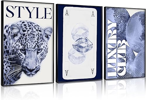 3 piezas de arte de pared con estampado de leopardo de moda, color azul marino y azul marino, impresiones en lienzo retro estéticas con beso, labios
