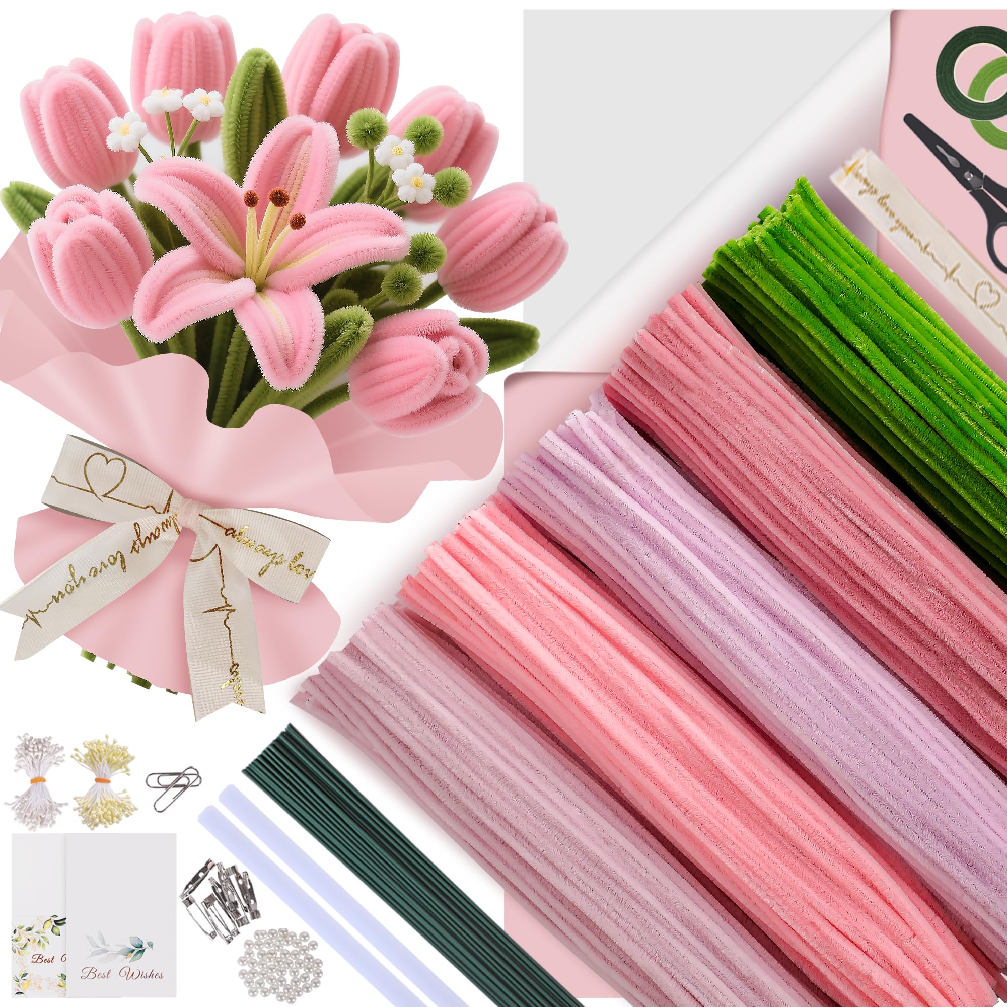 500 Pièces Cure-Pipes, 5 Couleurs Fil Chenille pour Fleurs DIY, avec Tiges Florales, Étamines, Ruban Floral, Ruban Satin et Instructions, Loisirs Créatifs, Cadeau Fait Main (Rose)