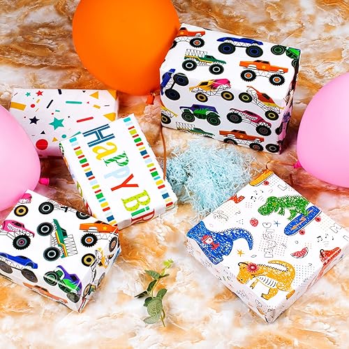 Miniatura 5 de Papel de regalo de cumpleaños de dibujos animados para niños, papel de regalo de cumpleaños para niños, 12 hojas de papel plano plegado, 19.7 x 27.6