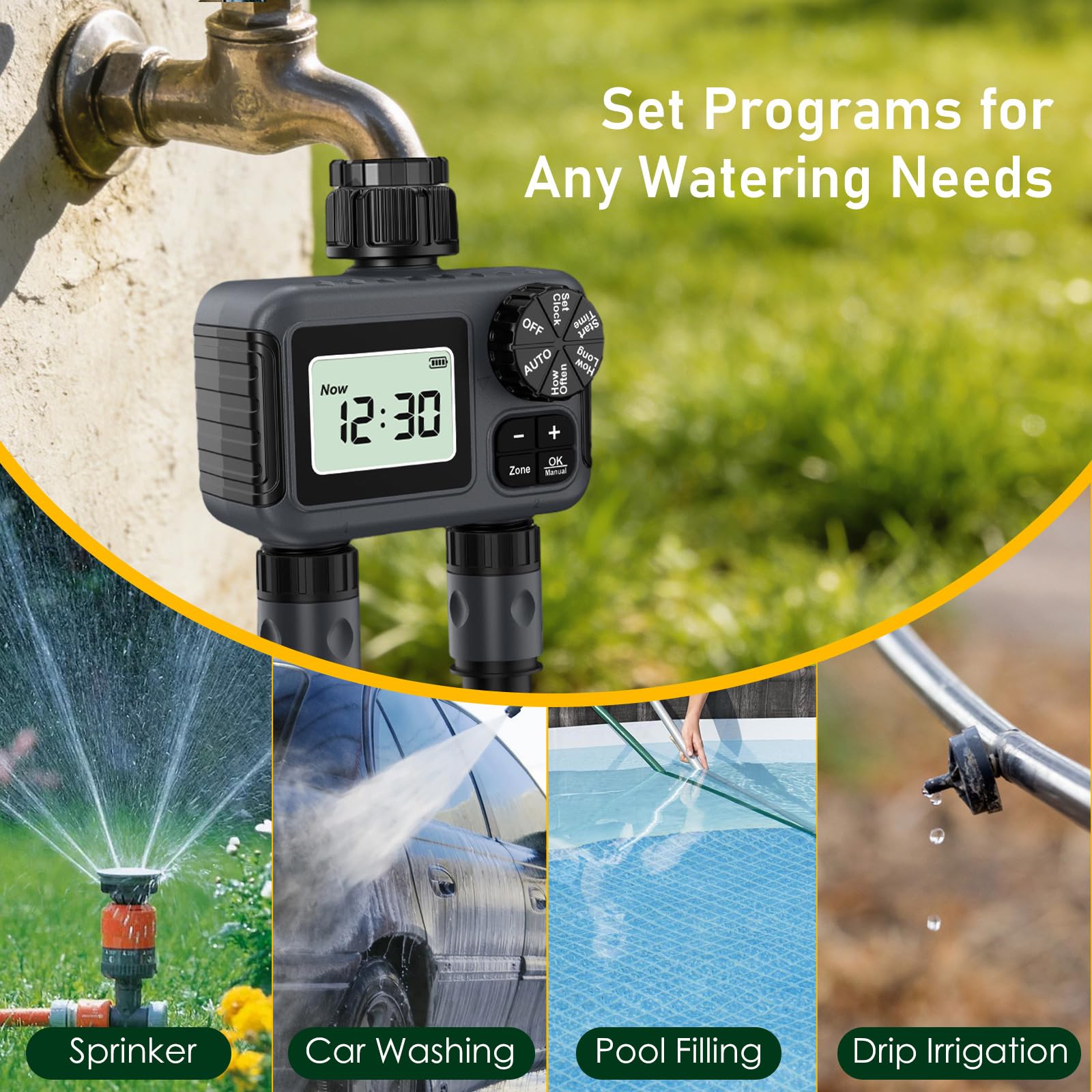 Temporizador de Riego 2 Salidas, Programador de Riego Automático con Retraso por Lluvia/Bloqueo para Niños/Riego Manual, Temporizadores de Mangueras de Jardín para Césped, IPX5 a Prueba de Agua
