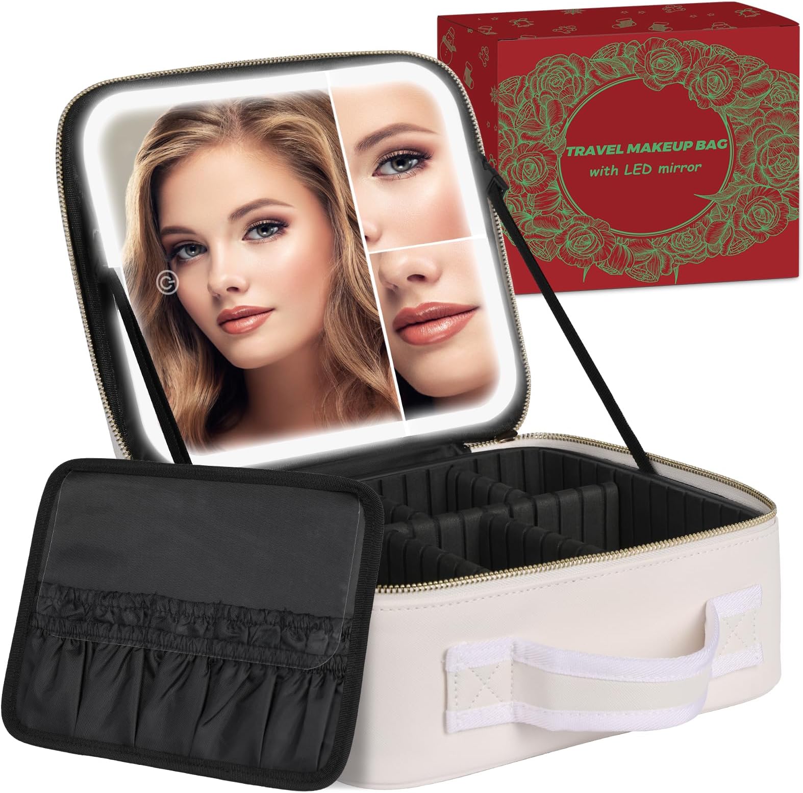MAYFIY Makeup Bag with LED Mirror, Makeup Organizer Train Case with 1X,2X,3X Vanity Mirror, Adjustable Brightness in 3 Color Settings, Portable Make up Bag with Brush Holder & Storage Dividers, White