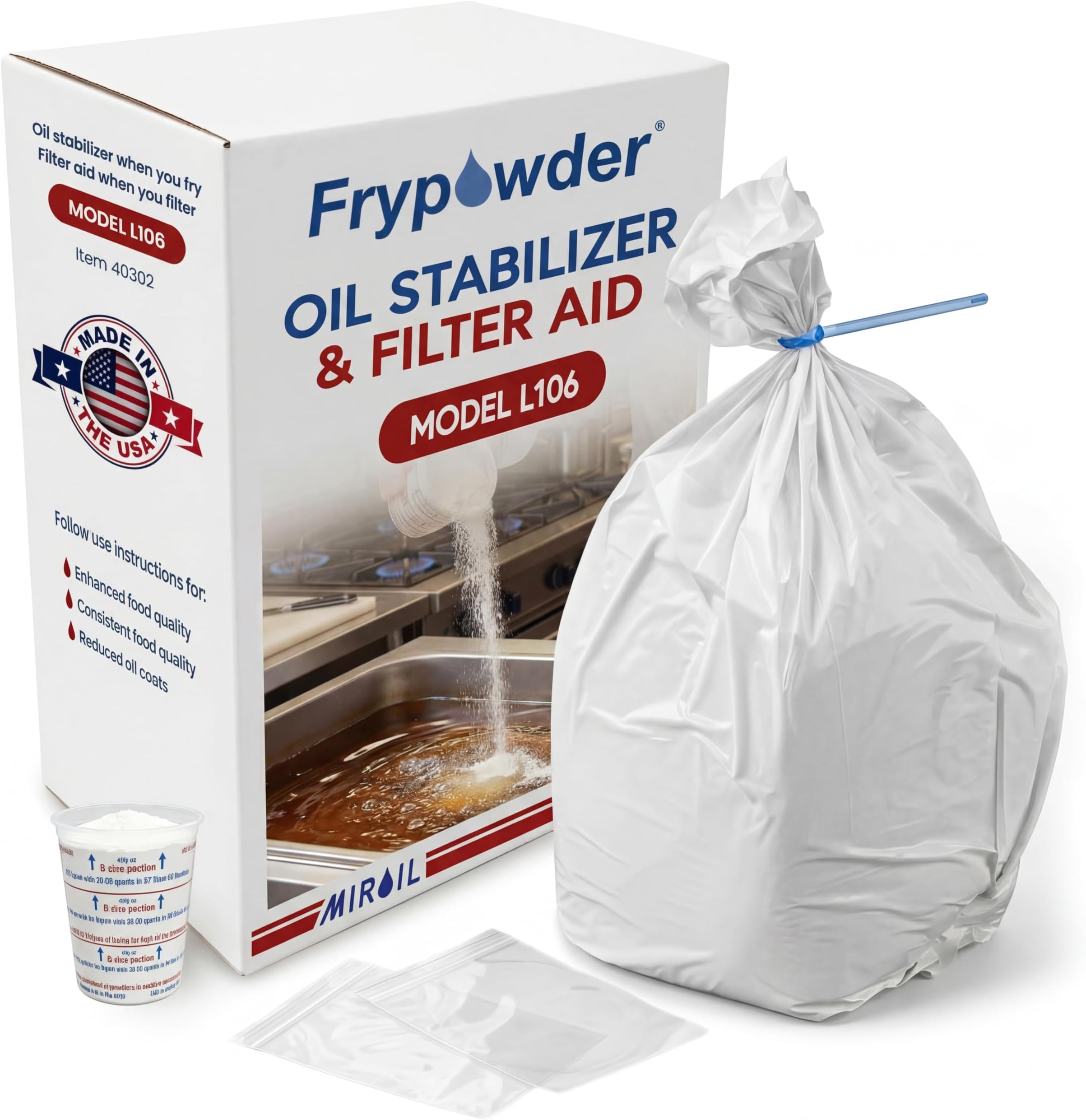MirOil L106 Fry Powder Oil Stabilizer and Filter Aid, Deep Fryer Cooking Oil Saver, Removes Fryer Grease Contaminants & Carbon Deposits, Helps Save Grease, 2 x 4 Gallons of L104 (8Gallons) Fry Powder