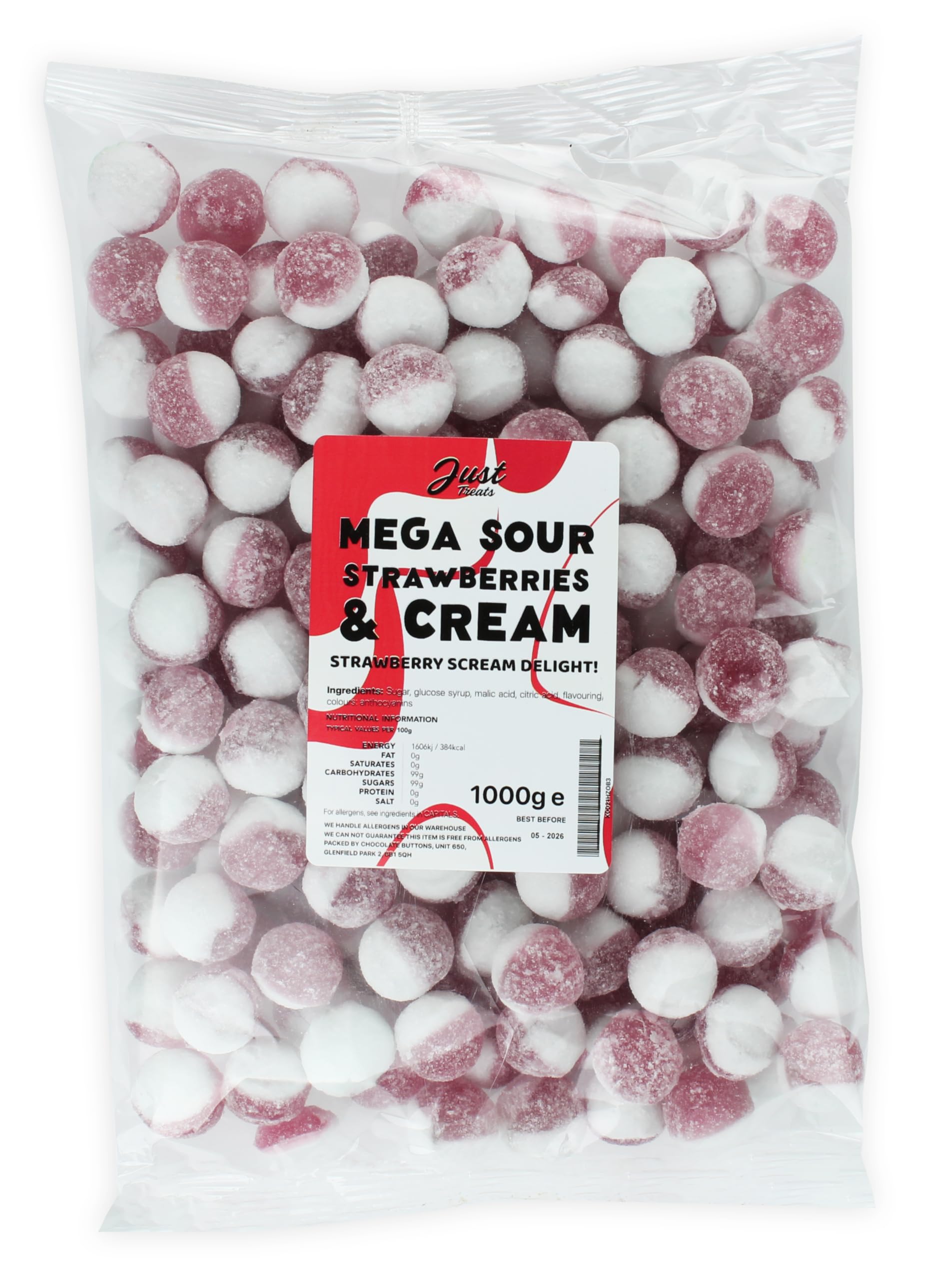 Just Treats Mega Sour Strawberries & Cream 1kg Party Bag
