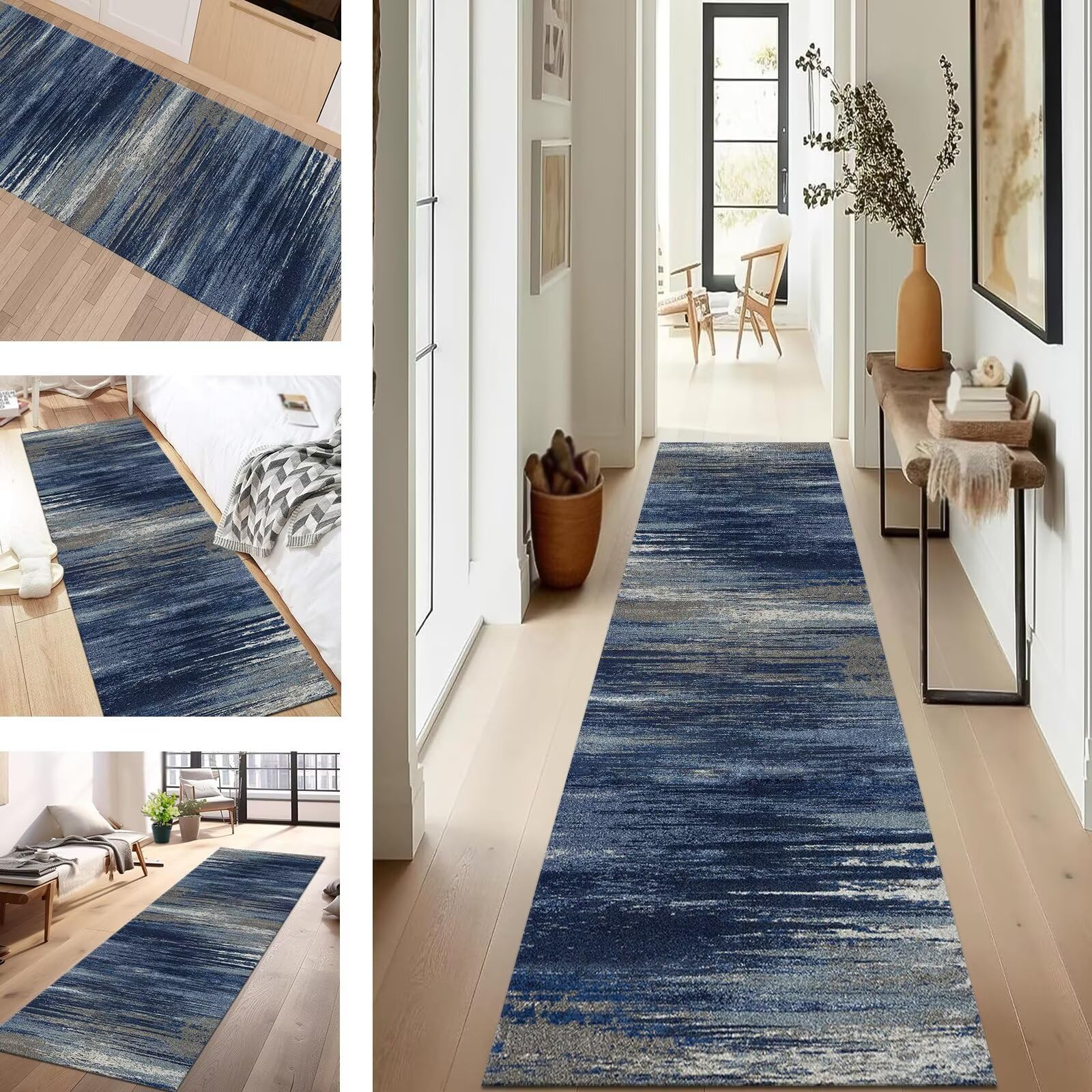 Tapis de couloir bleu et gris 110x300 cm lavable et antidérapant