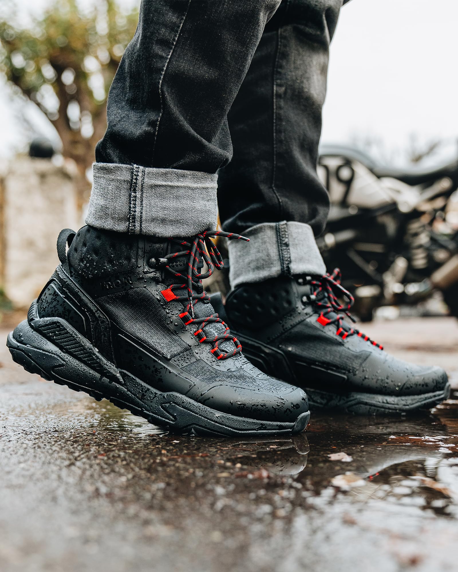 RIDEIRON Botas Moto Hombre Invierno Zapatos Moto Antideslizantes Impermeables Norma CE Botas Moto Informales Calle Transpirables Almacenamiento de Cordones Tobillera Almohadilla de Cambio Negro