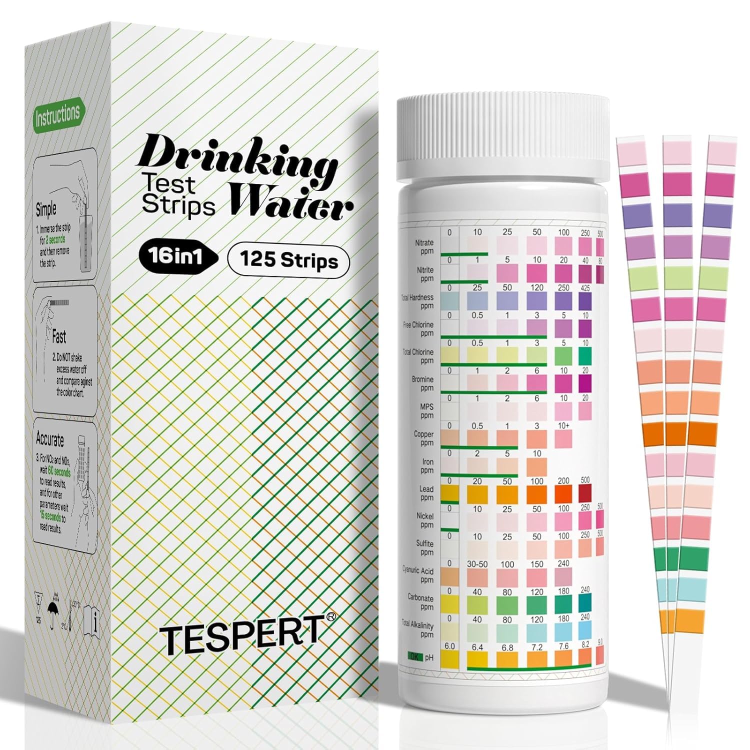 Water Testing Kits for Drinking Water: 125 Strips 16 in 1 Well and Drinking Water Test Kit, TESPERT Water Test Strips with Hardness, pH, Lead, Iron, Copper, Chlorine, and More