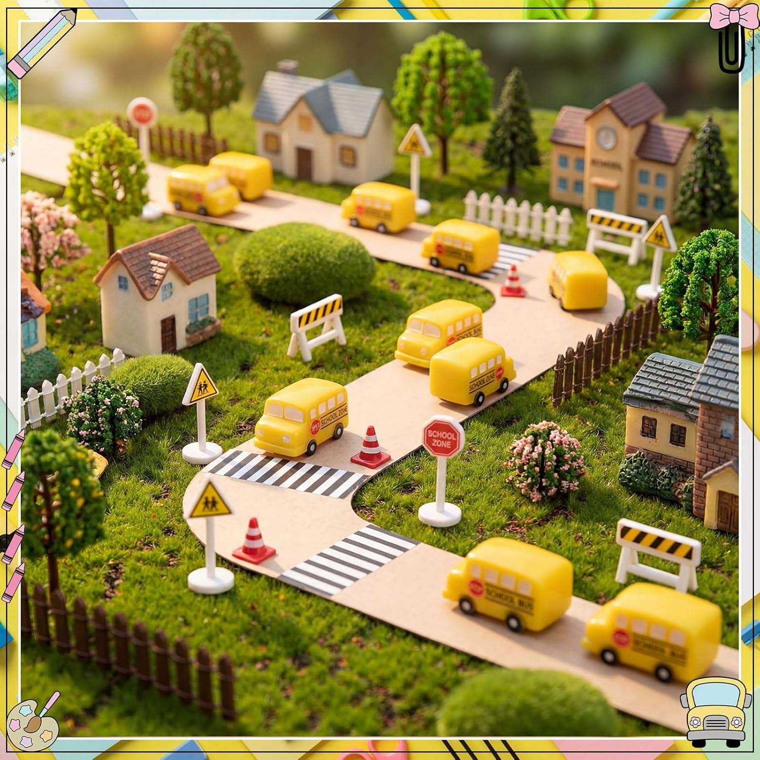 AceOrbit 100 Pcs Mini School Bus Figurines Bulk Miniature Resin Cake Topper Decorations Back to School Party Favors Classroom Photography Props