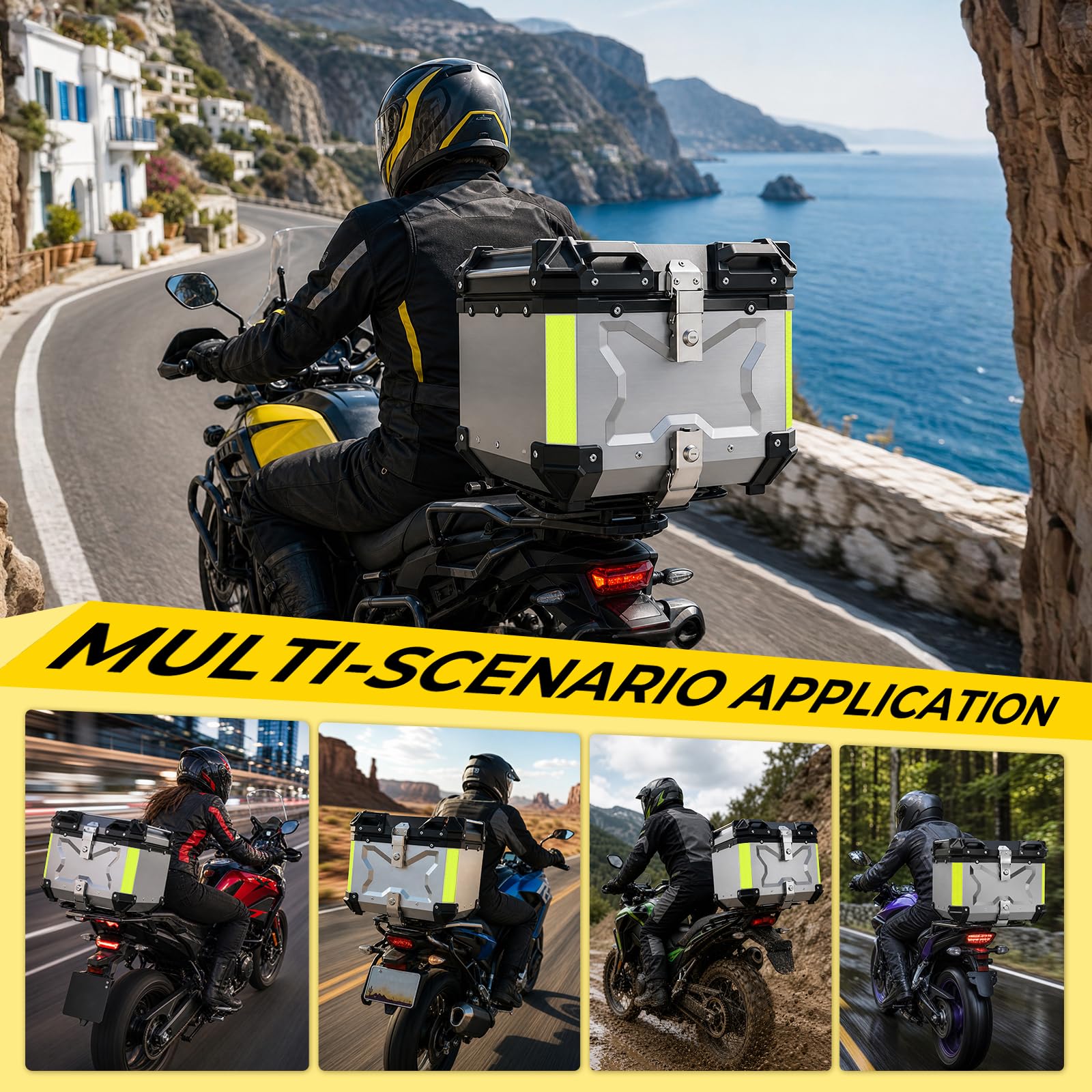 Baúl para motocicleta de aluminio de 45 L, 45 litros, maletín trasero impermeable universal, cierre rápido con cerradura, acolchado para la espalda, forro interior, caja trasera Enduro