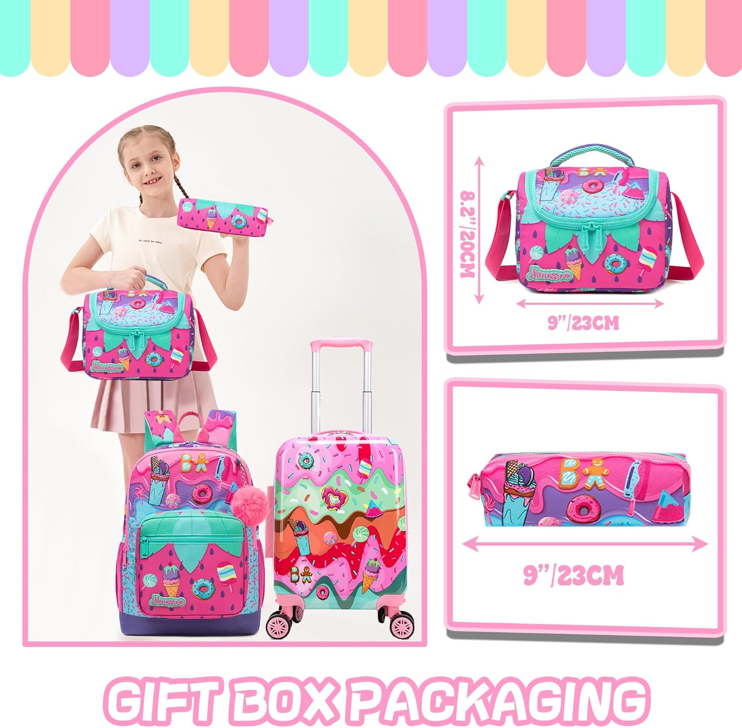 Cute Kid’s Luggage Set 5 Piece Suitcase Set 16’’ Hardside Luggage with Spinner Wheels Girls Carry on Toddler Travel Rolling Suitcase Carry on Luggage Airline Approved