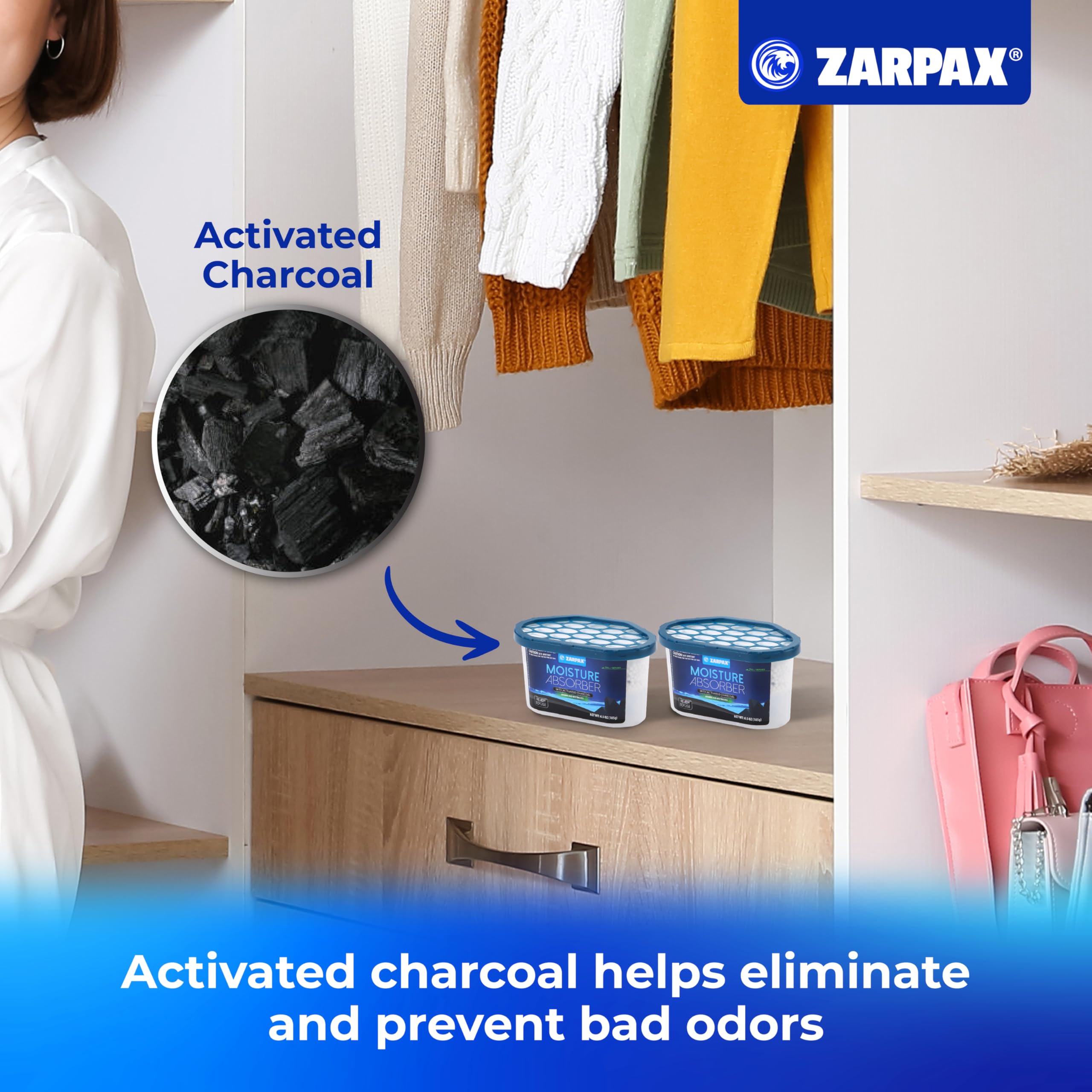 ZARPAX Carbone attivo assorbitore di umidità, 185 g, rimuove umidità, umidità e odori, assorbe gli odori, trappola per bagno, armadio, cucina e piccoli spazi, set da 15