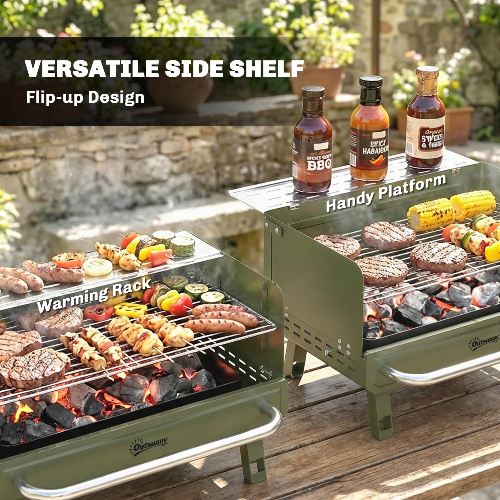 Outsunny Portable BBQ Grill, Charcoal Barbecue Grill with Adjustable Grates, Foldable Legs and Side Shelf for Camping Hiking Picnic Travel Garden Outdoor Cooking, Green — view 6