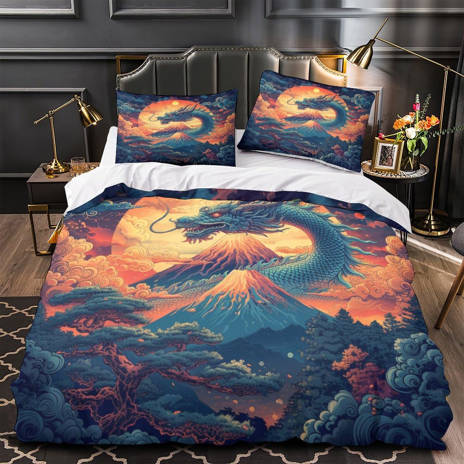 Stampato in 3D Loong cinese Copertina Stampata Microfibra Disegnata Biancheria Da Letto Stile Morbido Set 3 Pezzi,Double（200x200cm）, Per Adolescenti E Adulti