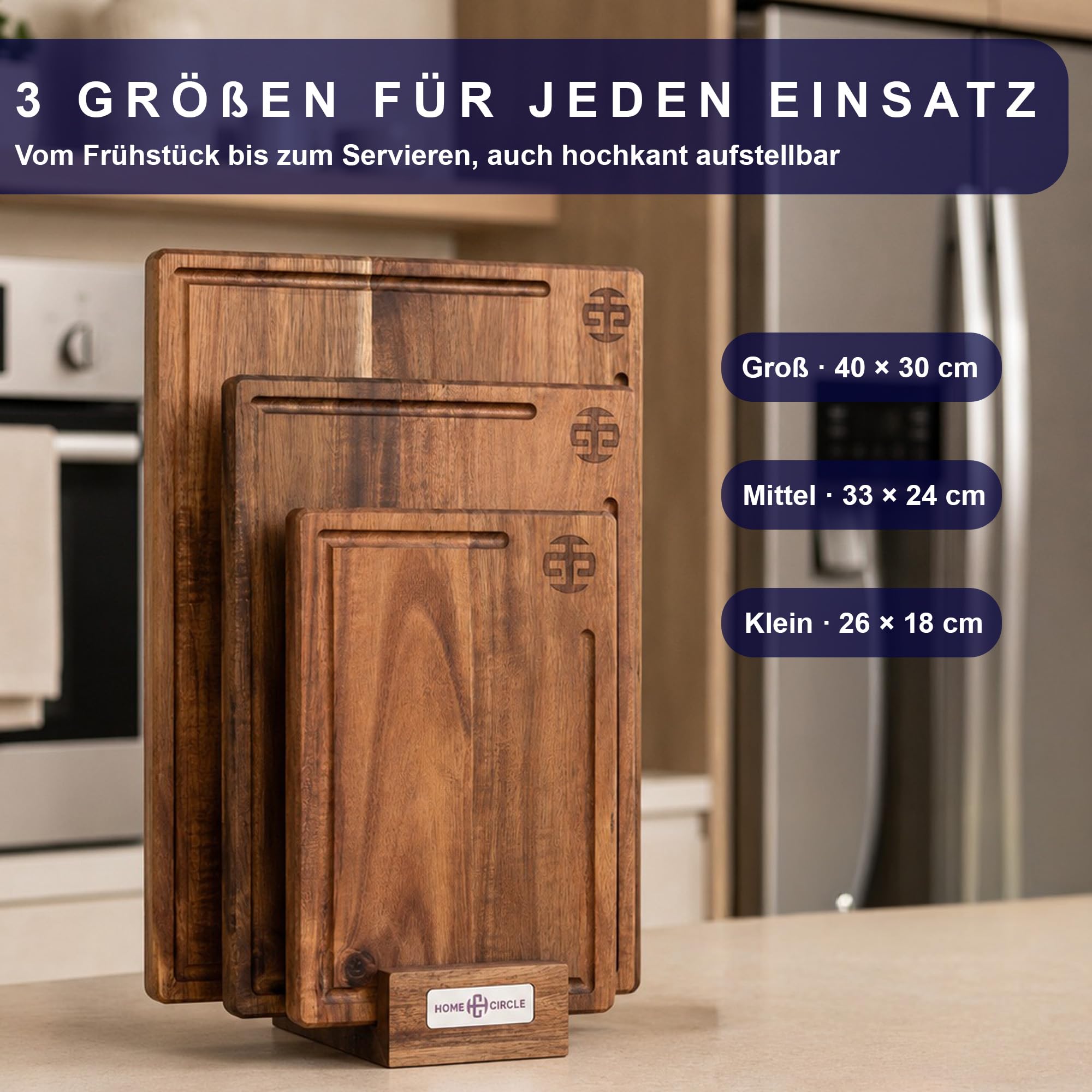 Schneidebrett Set 3-teilig aus massivem Akazienholz, 2 cm dick, 40 x 30/33 x 24/26 x 18 cm, mit Halter, Saftrille und Bienenwachs-Veredelung