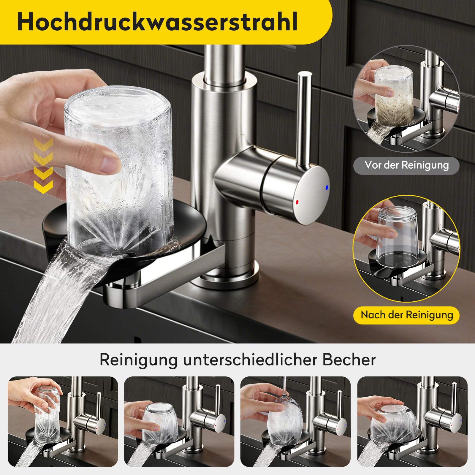 JONKEAN Hochdruck Küchenarmatur mit Brause und Glasspüler | Einhebelmischer mit 4 Strahlarten, Waterfall Spültischarmatur, 360°-Drehung Mischbatterie, 304 Edelstahl, für Bar und Küche