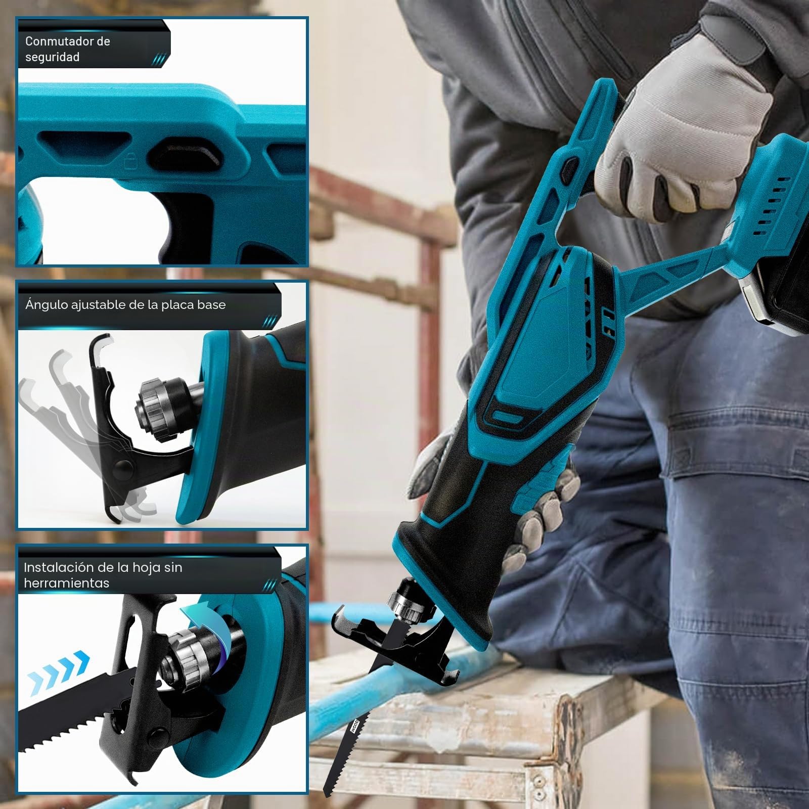 Sierra Sable Inalámbrica Compatible con Makita 18V | para Cortar Madera y Metal con 4 Hojas de Sierra Alternativa, Gafas de Seguridad y Guantes (Sin Batería/Sin Cargador)