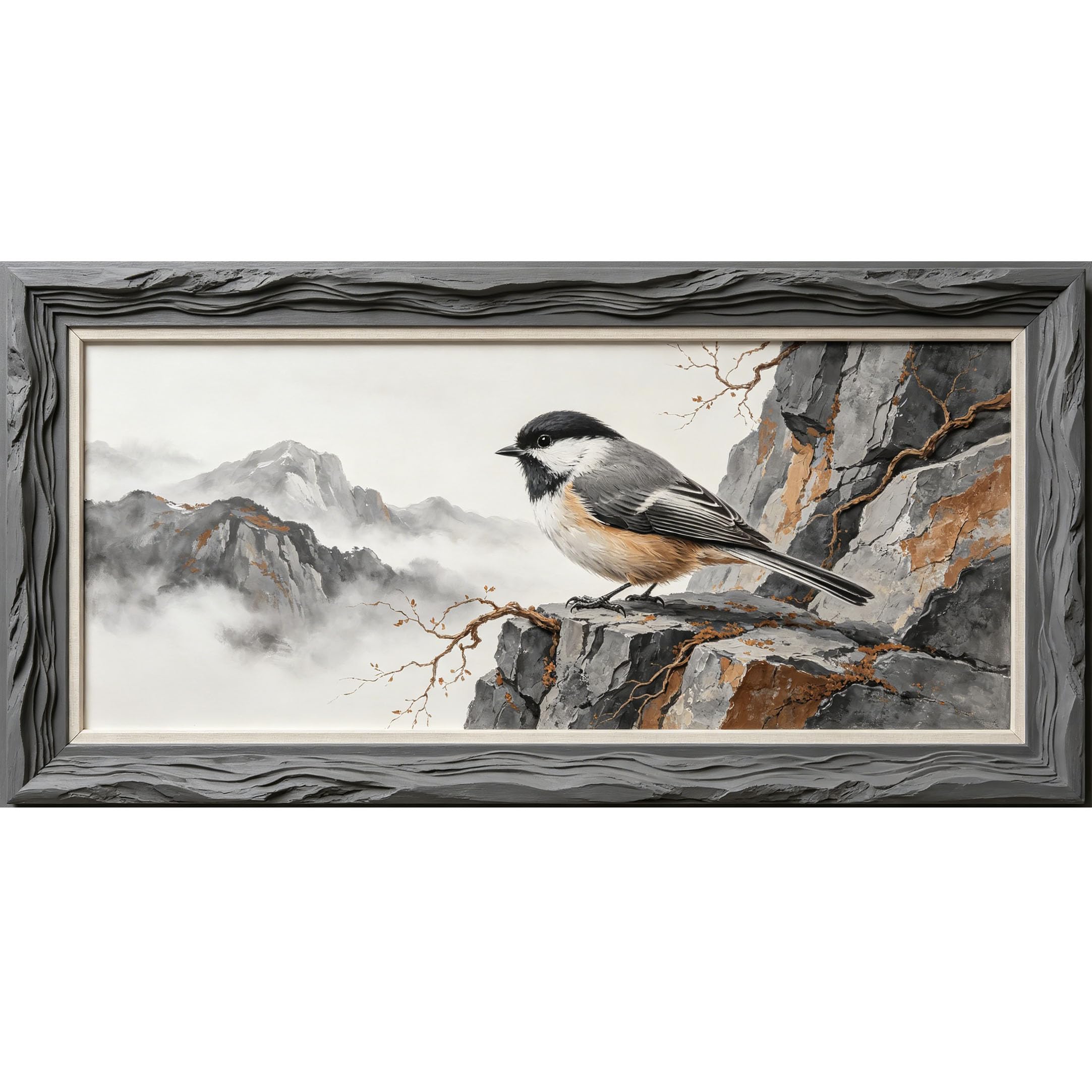 Agglomerix 3D Framed Wall Art Chickadee Bird Mountain Landscape Contemporary Ink Wash Style Large Size SelfAdhesive Removable Wall Decor Prints Artwork for Living Room Bedroom Office