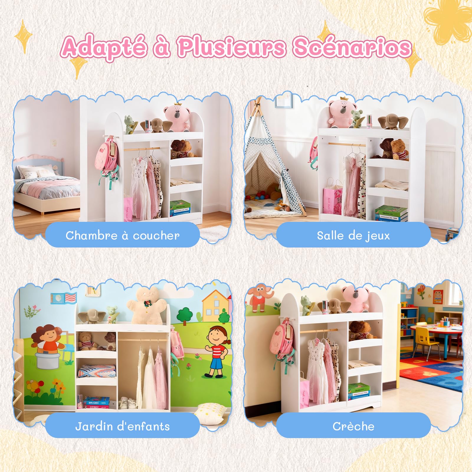 LALAHO Armoire Enfant avec Portant Vêtements Garde-Robe，Dressing penderie Enfant avec 4 Étagères et 3 Crochets（Blanc）