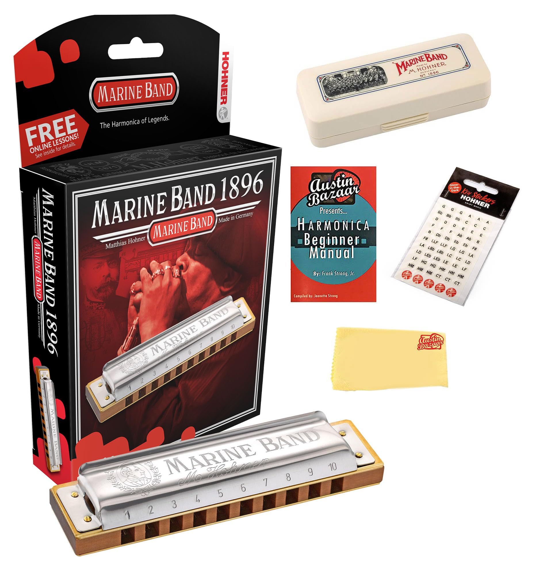 Hohner Marine Band 1896 Harmonica - Key of G Bundle with Case, Key Stickers, Instructional Manual, and Austin Bazaar Polishing Cloth