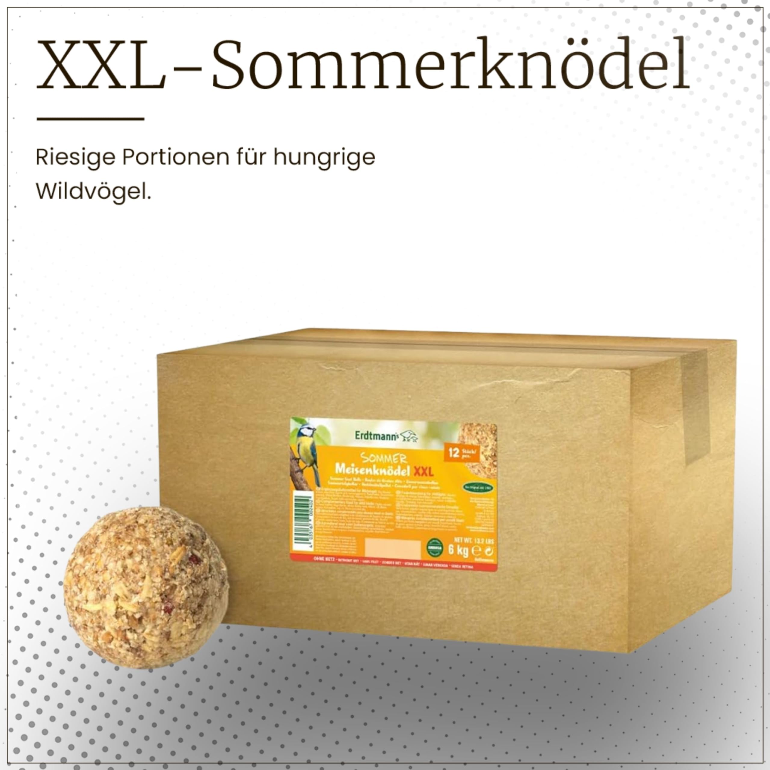 Erdtmanns Sommer-Meisenknödel XXL ohne Netz, 12 x 500 g – Riesige Wildvogelfutter-Knödel für den Sommer – Umweltfreundlich & energiereich – Ideal für Brutzeit & Jungvögel