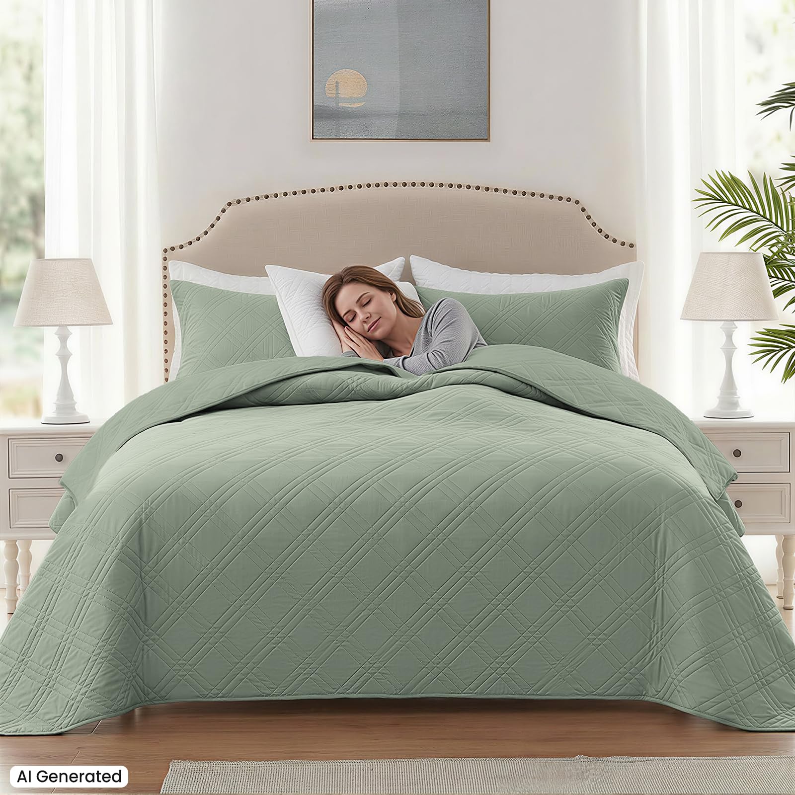 Colcha para Cama, 220x260cm, Colchas De Verano Diseño De Rombos, Cubrecama Colcha De Microfibra, Cubrecama Multiusos, Moderna, Suave Y Ligera, para Cama O Sofá, Verde Claro
