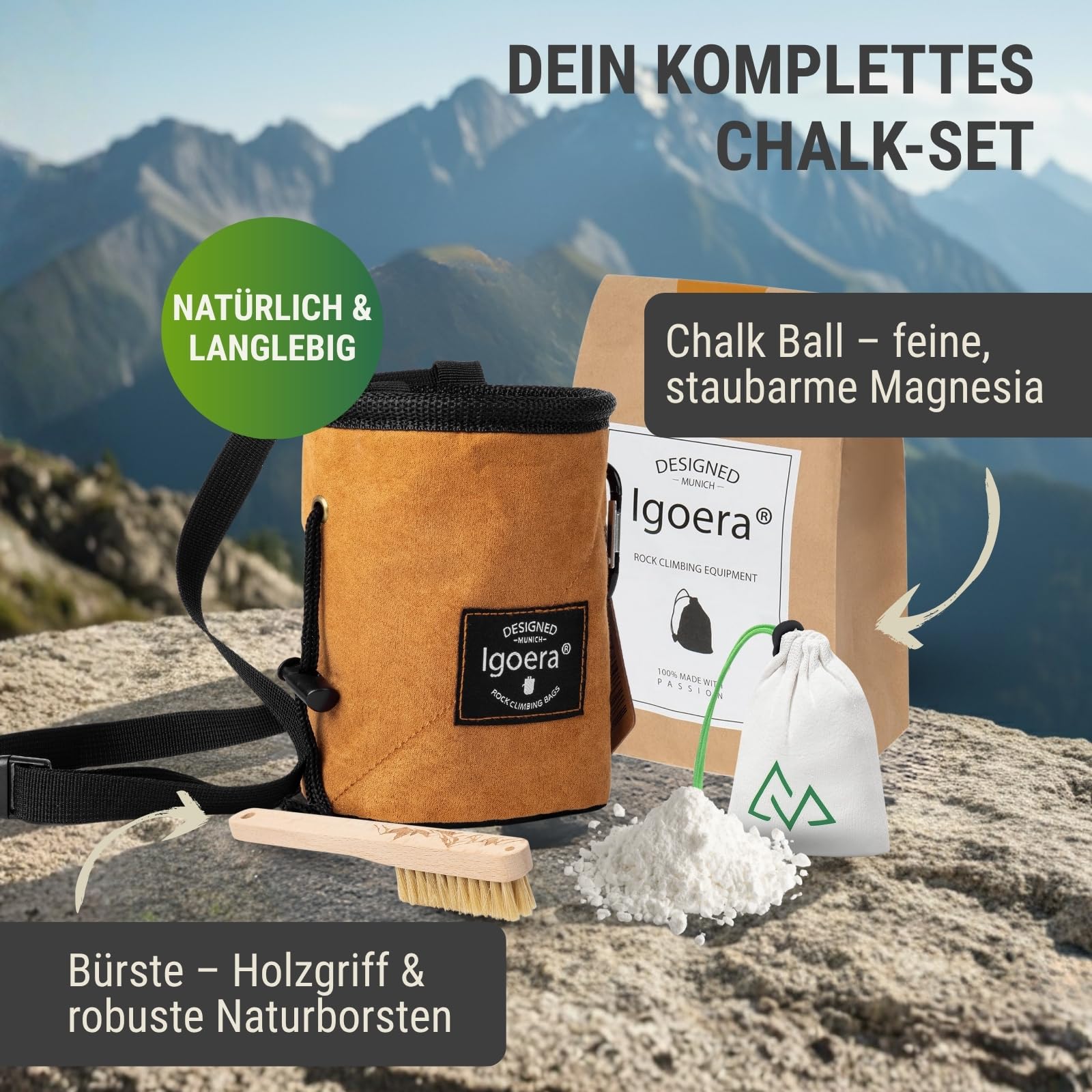 Juego de equipo de escalada original de Igoera con bolsa de tiza, cepillo de boulder y bola de tiza | la combinación perfecta para el máximo placer y seguridad